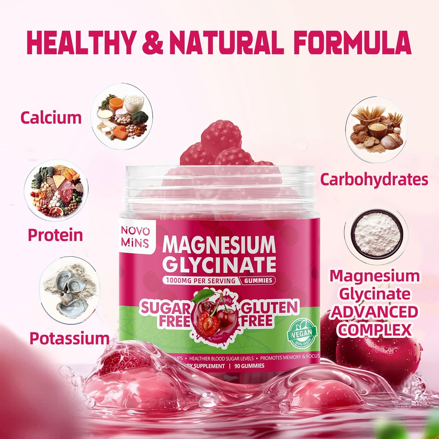90 Count Novomins Sugar-Free Magnesium Glycinate Gummies 1000mg with Vitamin D, B6, CoQ10 - Potassium Supplement for Sleep & Calm Mood - Cherry Flavor - 90 Gummies