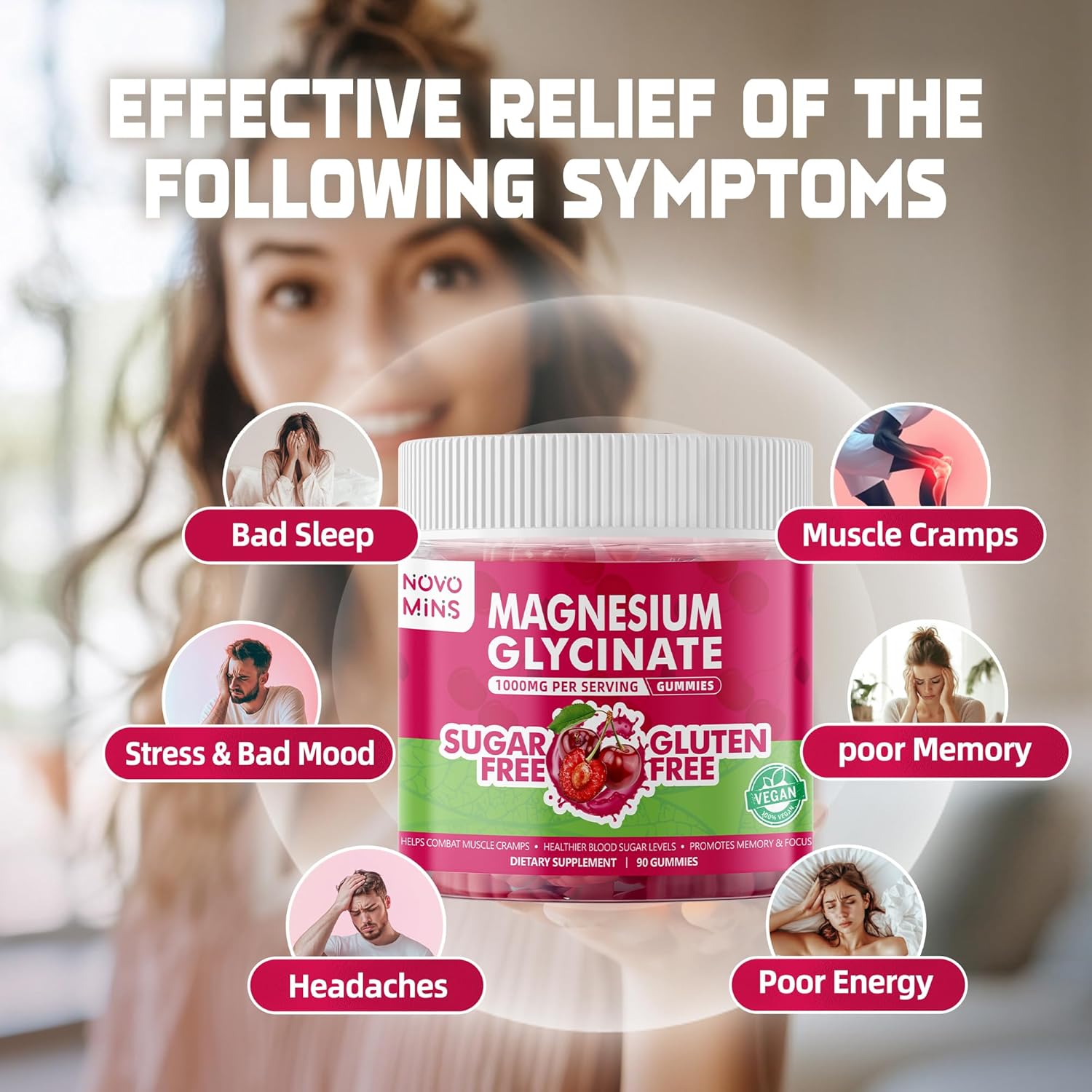 90 Count Novomins Sugar-Free Magnesium Glycinate Gummies 1000mg with Vitamin D, B6, CoQ10 - Potassium Supplement for Sleep & Calm Mood - Cherry Flavor - 90 Gummies