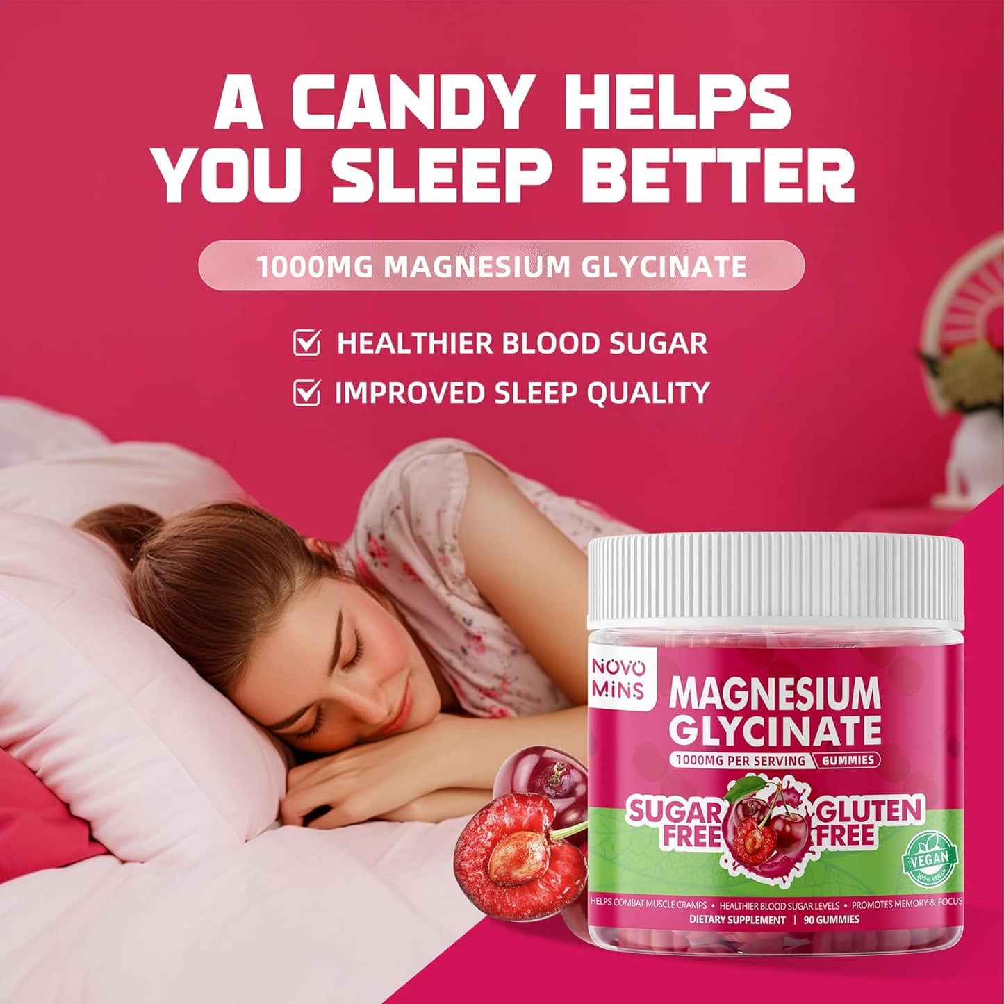 90 Count Novomins Sugar-Free Magnesium Glycinate Gummies 1000mg with Vitamin D, B6, CoQ10 - Potassium Supplement for Sleep & Calm Mood - Cherry Flavor - 90 Gummies