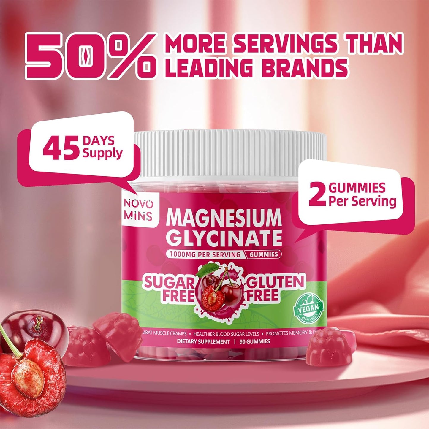 90 Count Novomins Sugar-Free Magnesium Glycinate Gummies 1000mg with Vitamin D, B6, CoQ10 - Potassium Supplement for Sleep & Calm Mood - Cherry Flavor - 90 Gummies
