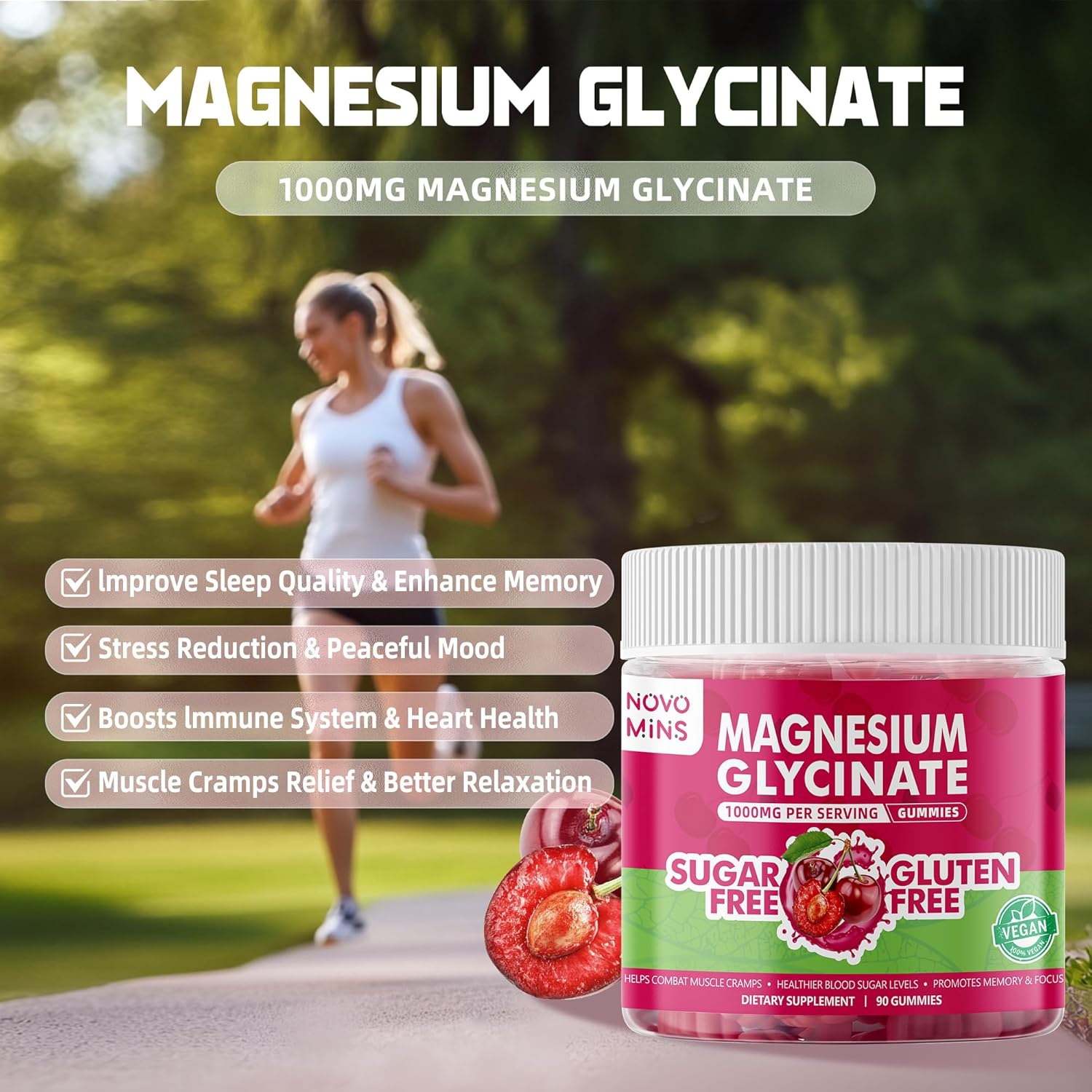 90 Count Novomins Sugar-Free Magnesium Glycinate Gummies 1000mg with Vitamin D, B6, CoQ10 - Potassium Supplement for Sleep & Calm Mood - Cherry Flavor - 90 Gummies
