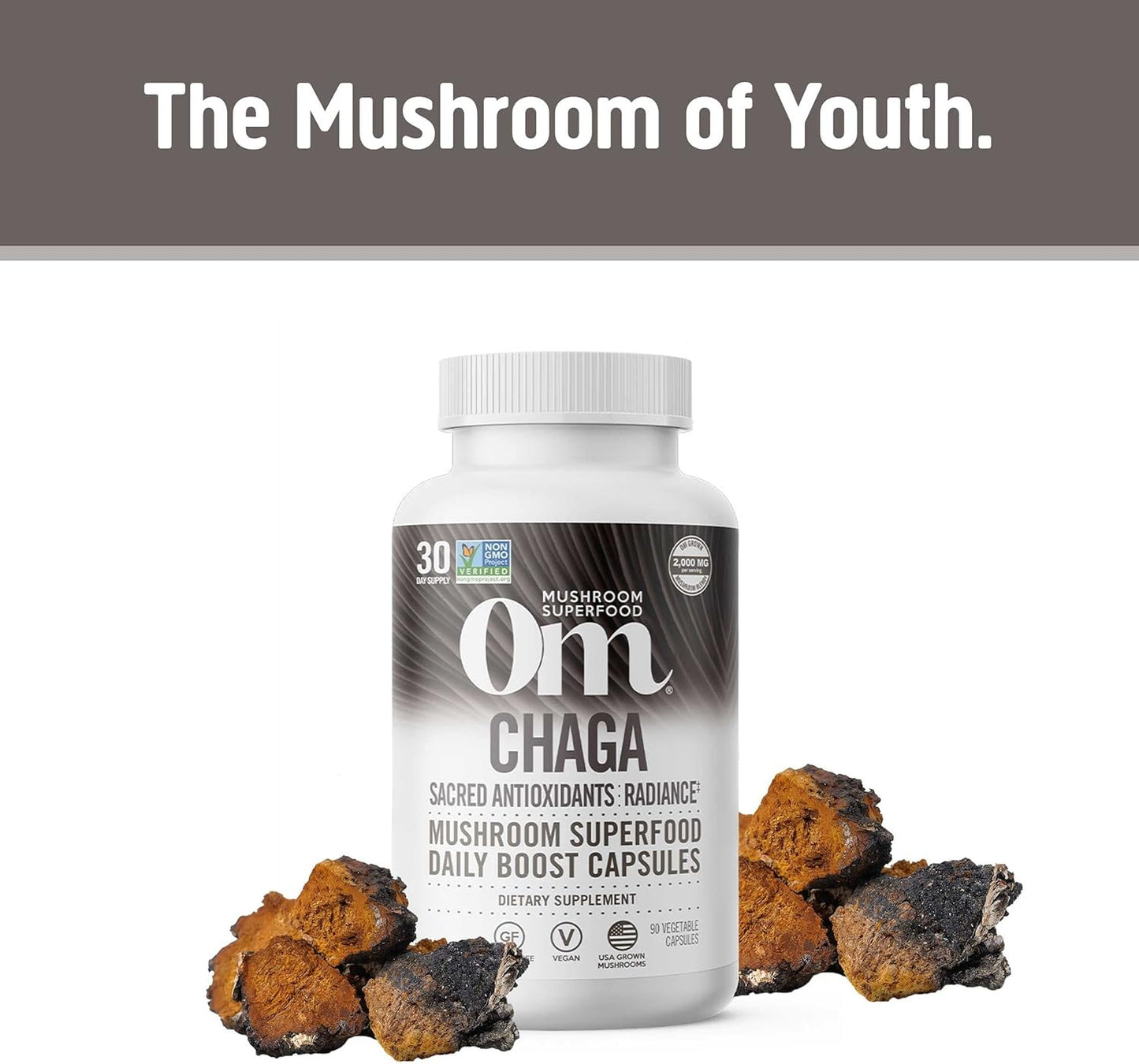90-Count Om Mushroom Superfood Chaga Capsules: US-Grown Immune Support & Antioxidants