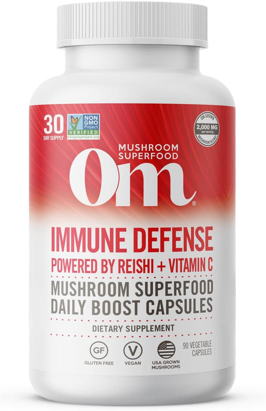 90-Count Om Mushroom Superfood Immune Defense Capsules with Reishi, Turkey Tail, Maitake, and Agaricus Blazei, Vegan Supplement with Vitamin C for 30 Days