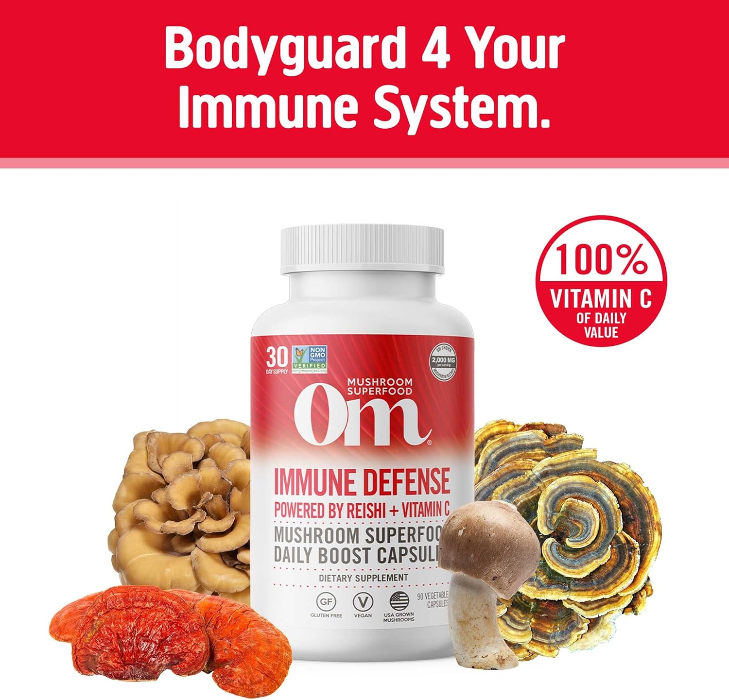 90-Count Om Mushroom Superfood Immune Defense Capsules with Reishi, Turkey Tail, Maitake, and Agaricus Blazei, Vegan Supplement with Vitamin C for 30 Days