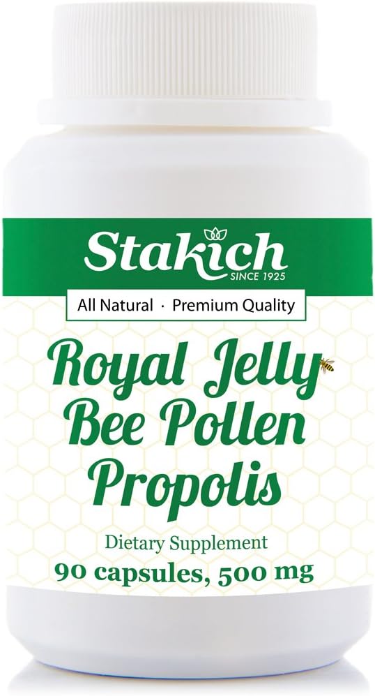 90 Count Stakich Royal Jelly, Bee Pollen, Propolis Capsules 500 mg - Natural Bee Products Supplement