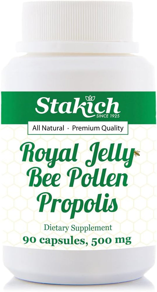 90 Count Stakich Royal Jelly, Bee Pollen, Propolis Capsules 500 mg - Natural Bee Products Supplement