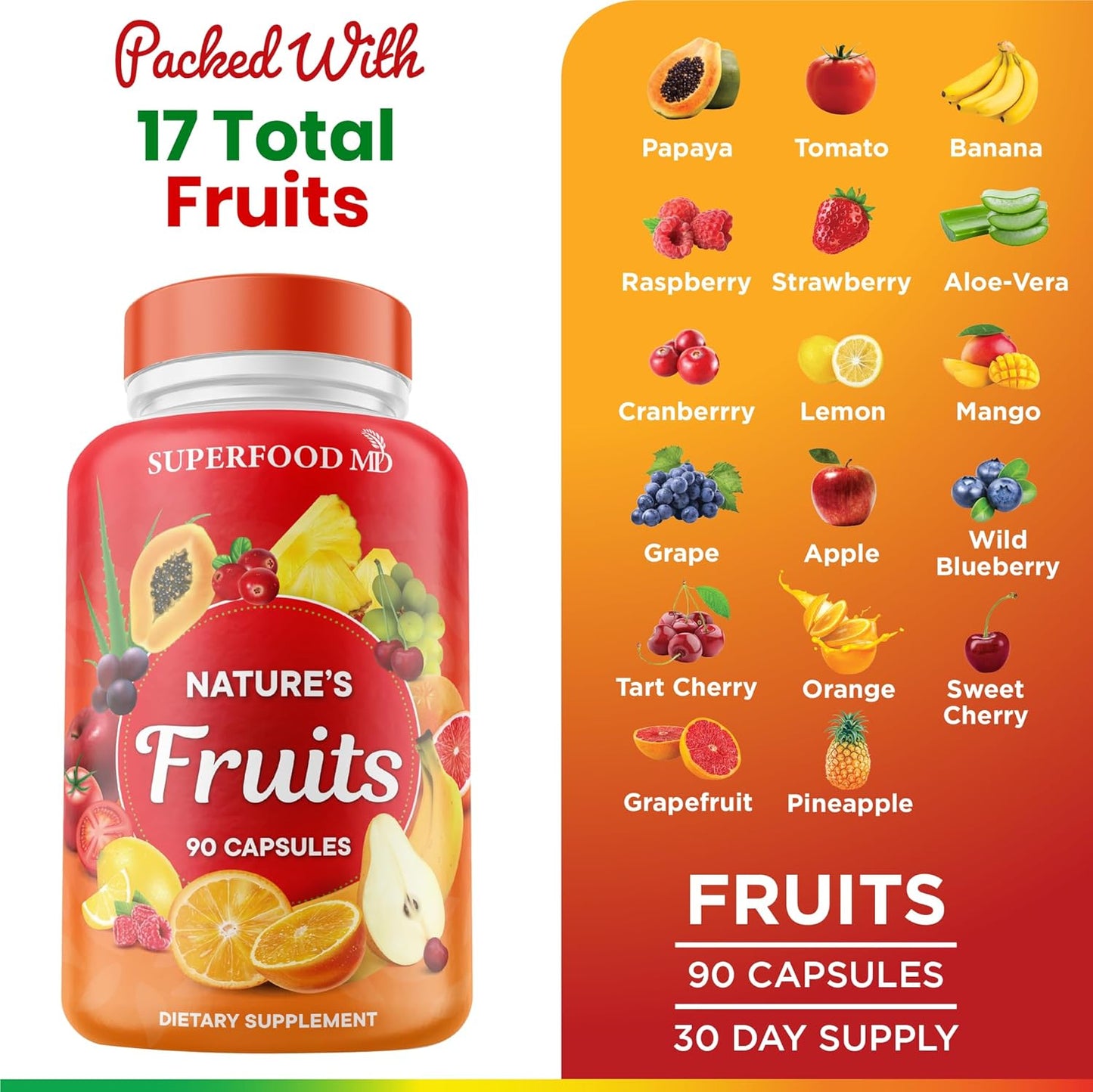 90 Count Superfood MD Fruits Capsules - Energy Boosting Supplement with High Lycopene, Vitamins, and Minerals - Made in the USA