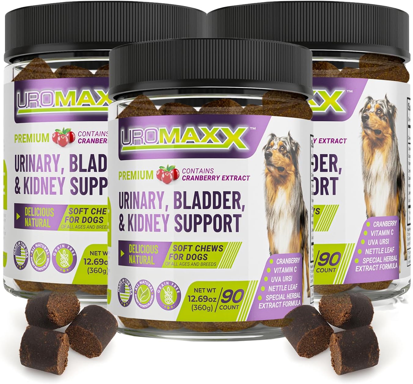 90 Count UroMAXX Dog UTI Treatment Chews - Natural Cranberry & Glucosamine Support - Made in USA - Chicken Flavor - 3 Pack