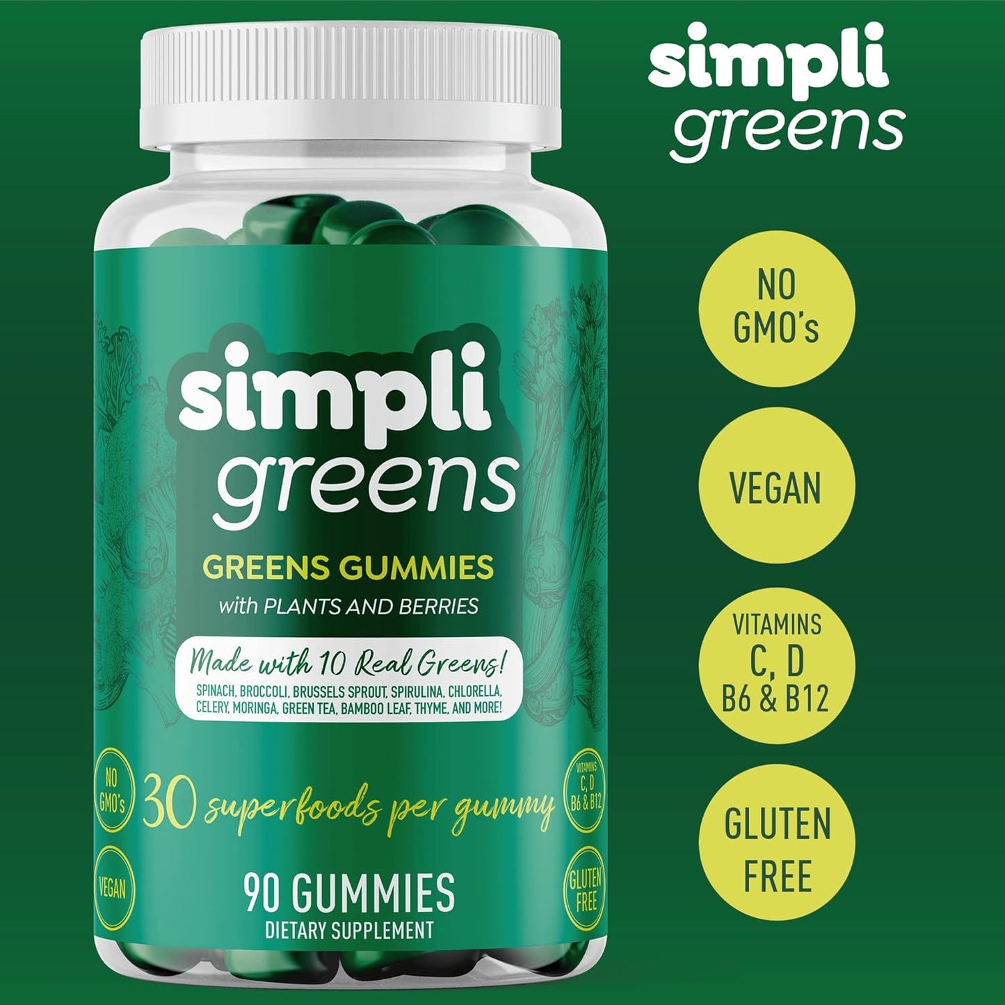 90 Count Vegan-Friendly Superfood Gummy Vitamins by SIMPLI GREENS