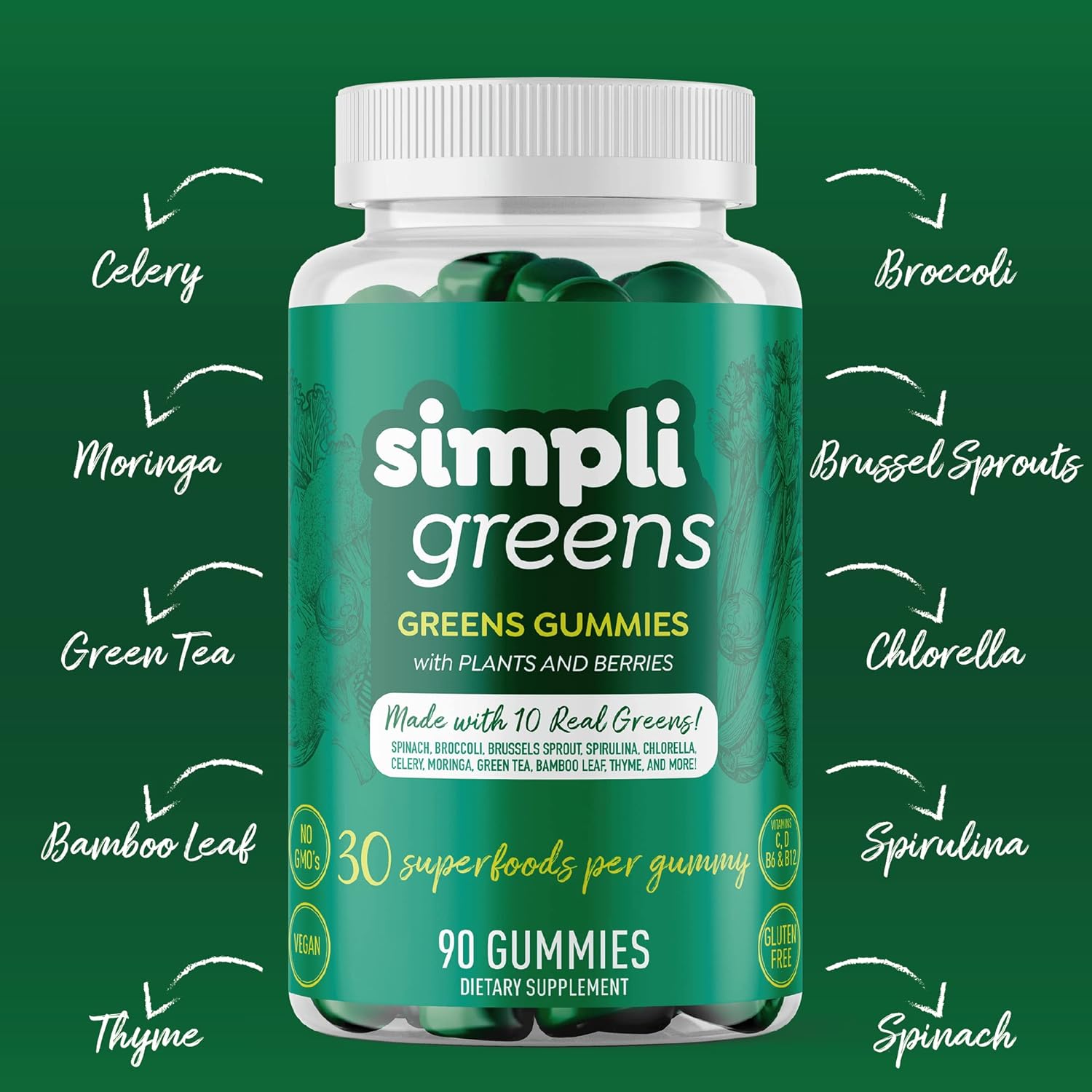 90 Count Vegan-Friendly Superfood Gummy Vitamins by SIMPLI GREENS
