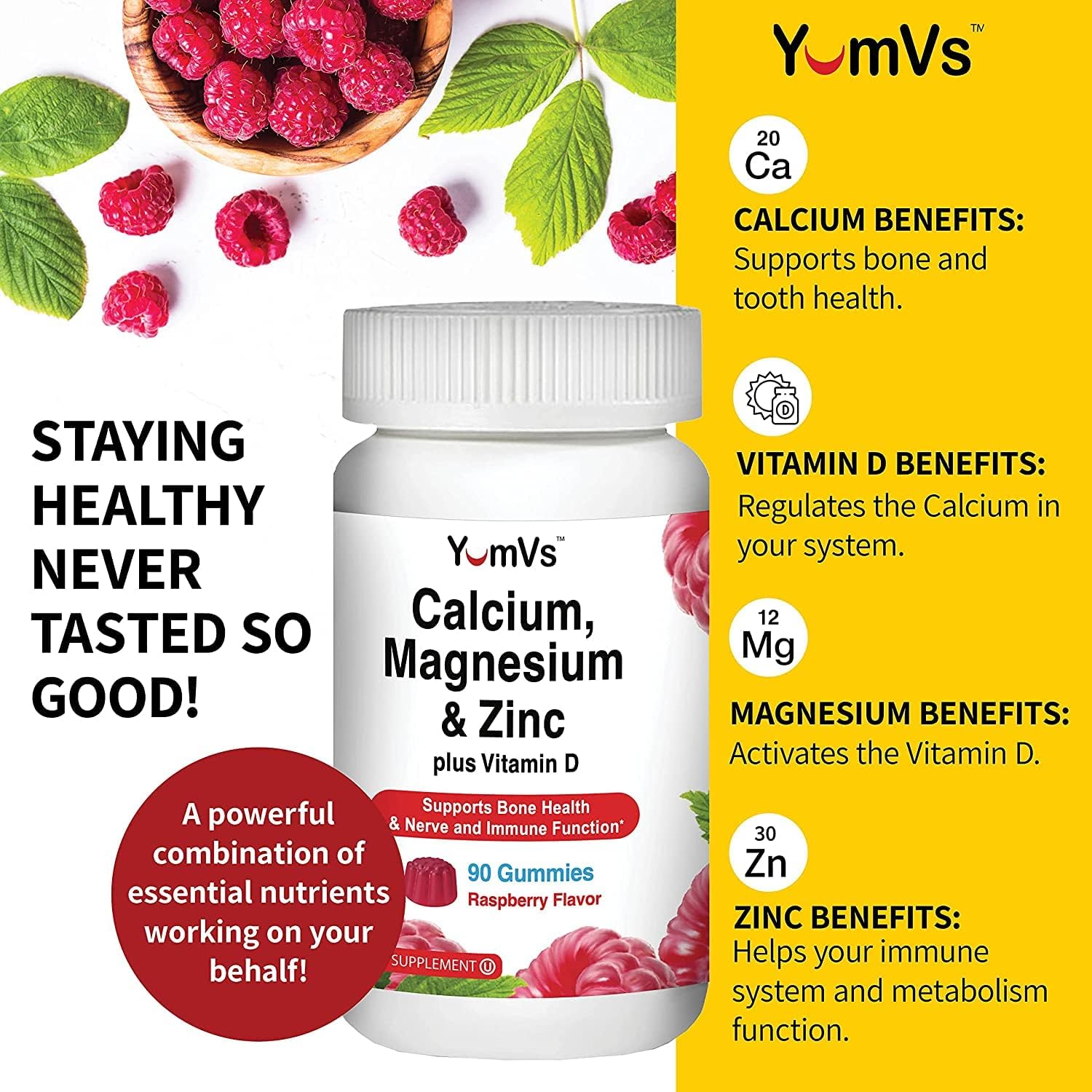 90 Count YUM-V'S Calcium, Magnesium, Zinc, and Vitamin D Gummies - Bone Health Gummy Supplement for Men, Women & Kids - Delicious Calcium Gummies with Vitamin D3, Zinc, and Magnesium