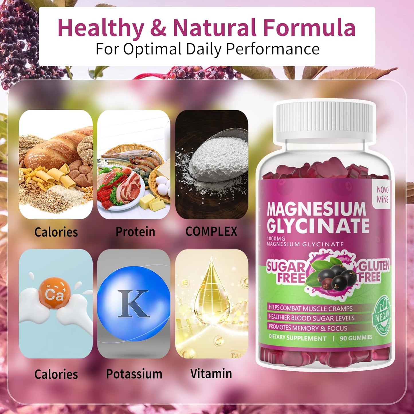 90 CT Novomins Magnesium Glycinate Gummies - 1000mg Potassium Supplement with Vitamin D, B6, CoQ10 - Elderberry Gummies for Calm Mood & Sleep Support