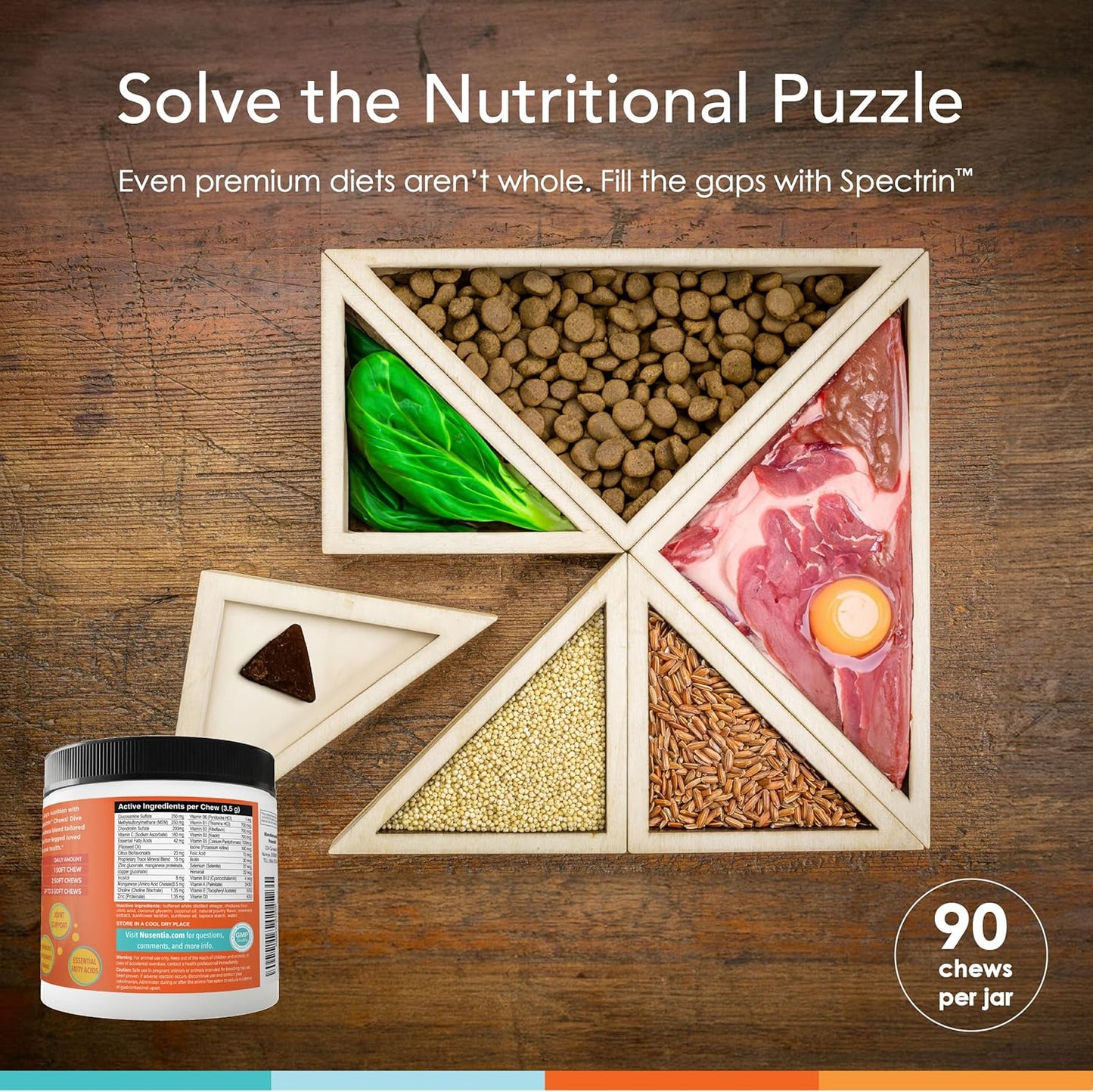 90 ct NUSENTIA Chew Vitamins for Dogs with Glucosamine, Antioxidants, Omega-3 for Joint, Skin, Liver, Heart Health - Spectrin