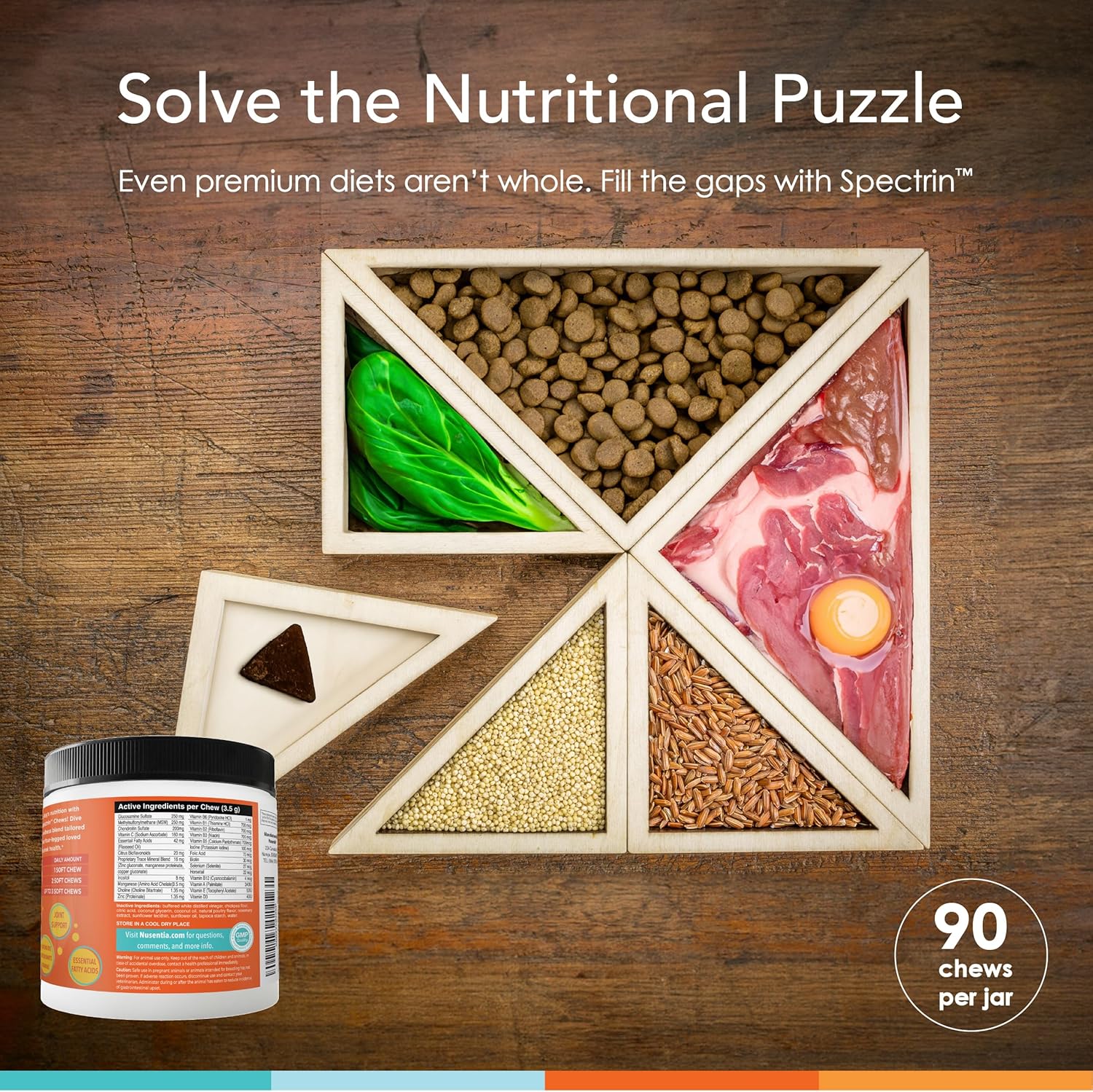 90 ct NUSENTIA Chew Vitamins for Dogs with Glucosamine, Antioxidants, Omega-3 for Joint, Skin, Liver, Heart Health - Spectrin