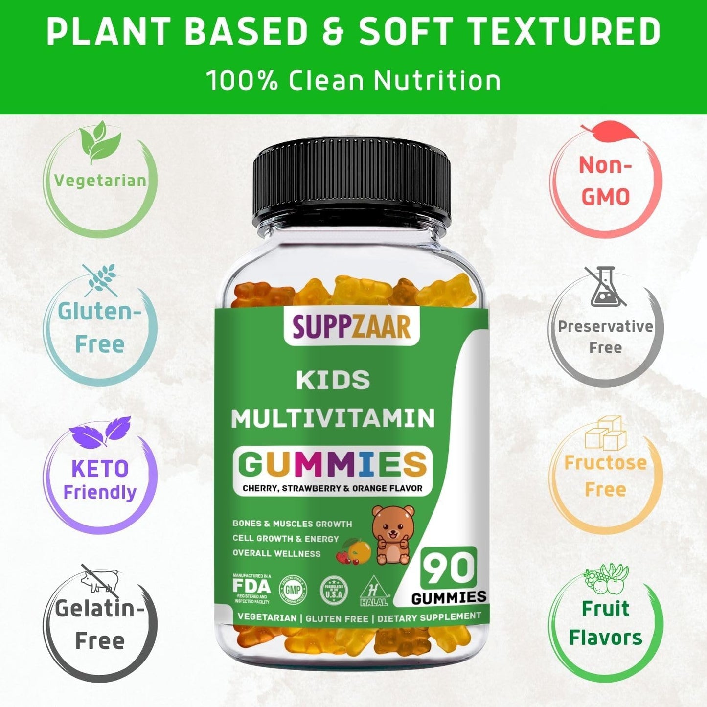 90 Ct SUPPZAAR Kids Multivitamin Gummies | Vegetarian & Non-GMO | Gluten-Free Gummy Vitamins for Kids | 45-90 Day Supply
