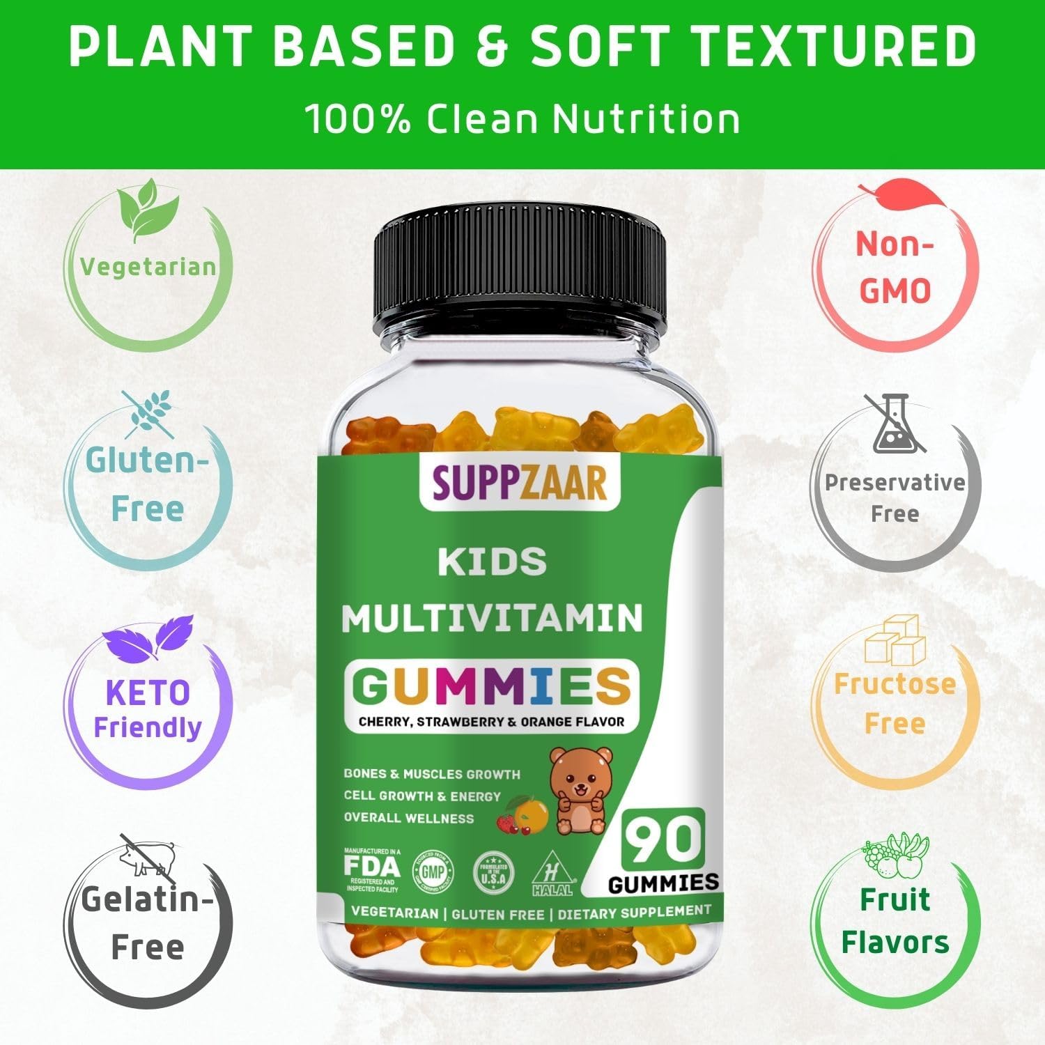 90 Ct SUPPZAAR Kids Multivitamin Gummies | Vegetarian & Non-GMO | Gluten-Free Gummy Vitamins for Kids | 45-90 Day Supply