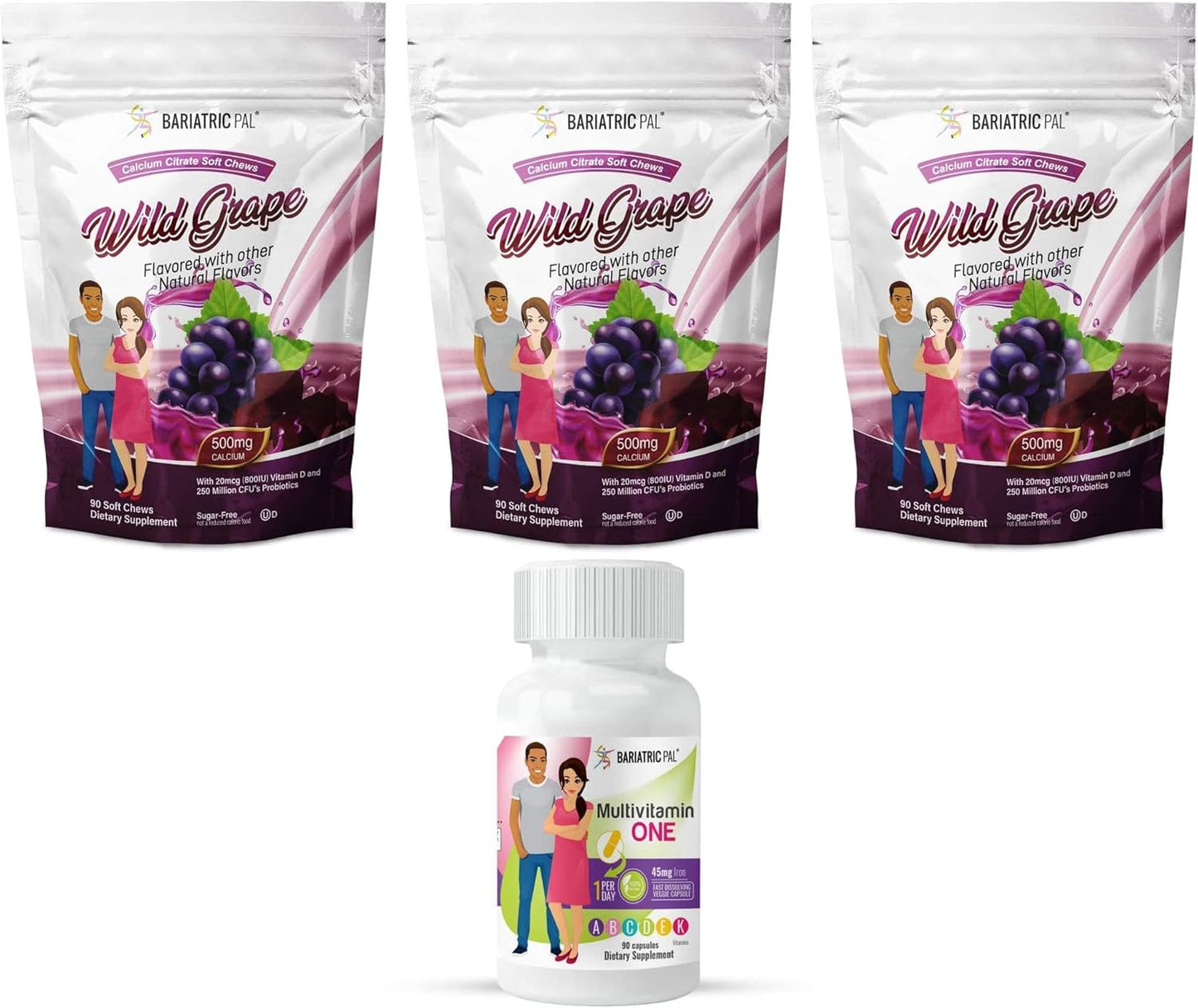 90-Day Bariatric Vitamin Bundle: Multivitamin with Iron, Calcium Citrate Soft Chews with Probiotics - Wild Grape