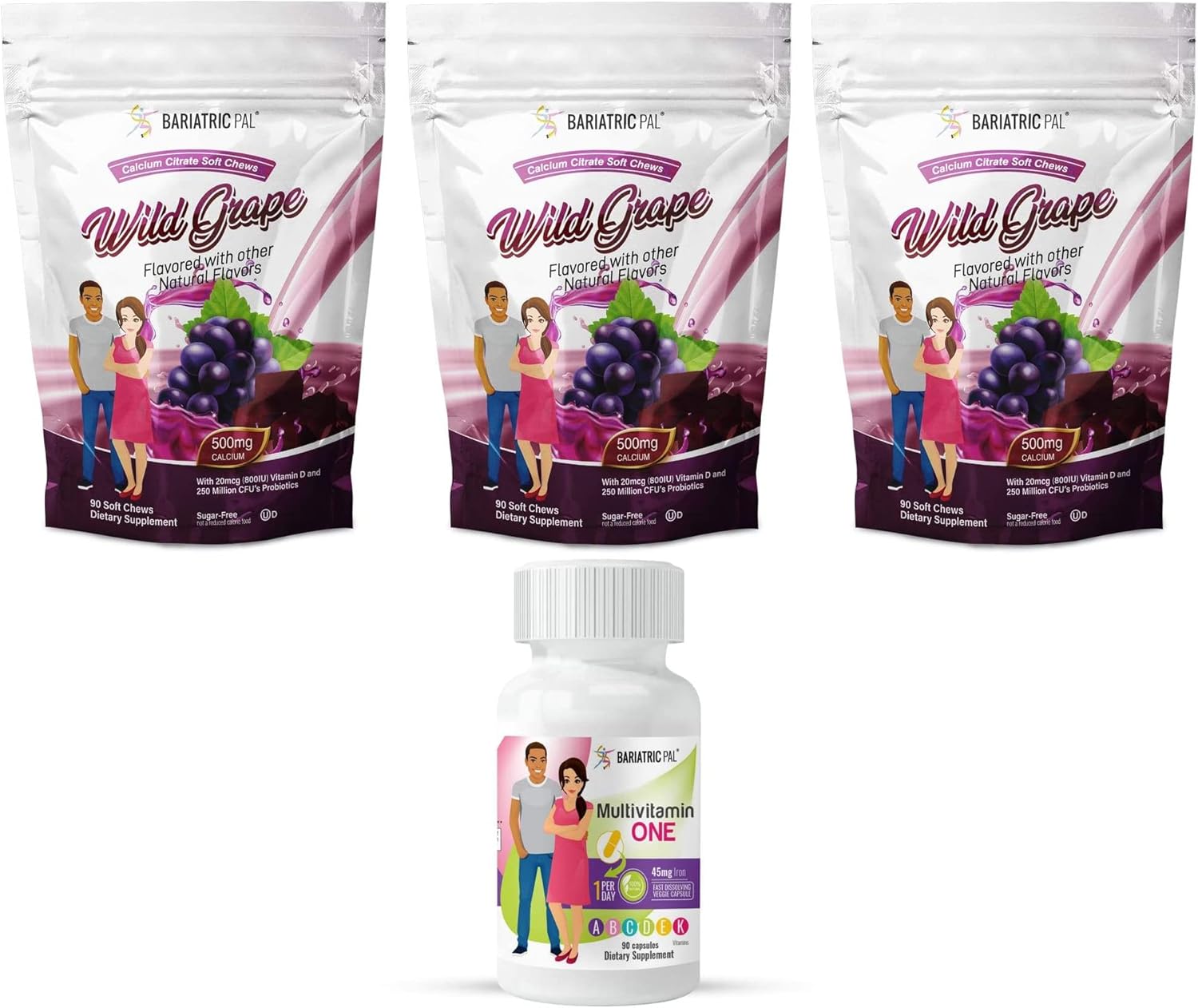 90-Day Bariatric Vitamin Bundle: Multivitamin with Iron, Calcium Citrate Soft Chews with Probiotics - Wild Grape
