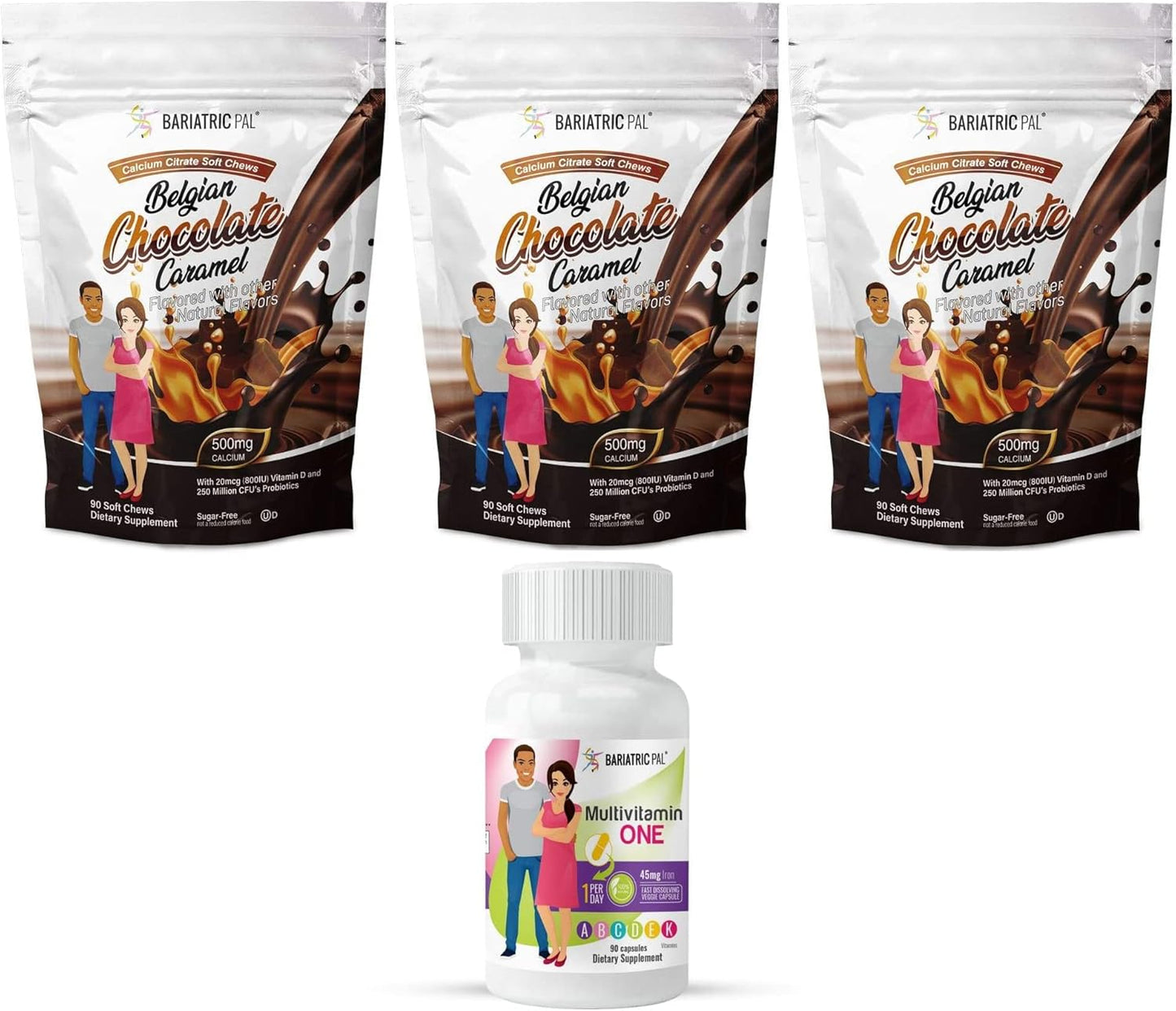 90-Day Bariatric Vitamin Bundle with Multivitamin Capsule (45mg Iron, Calcium Citrate) and Probiotic Soft Chews - Belgian Chocolate Caramel Flavor
