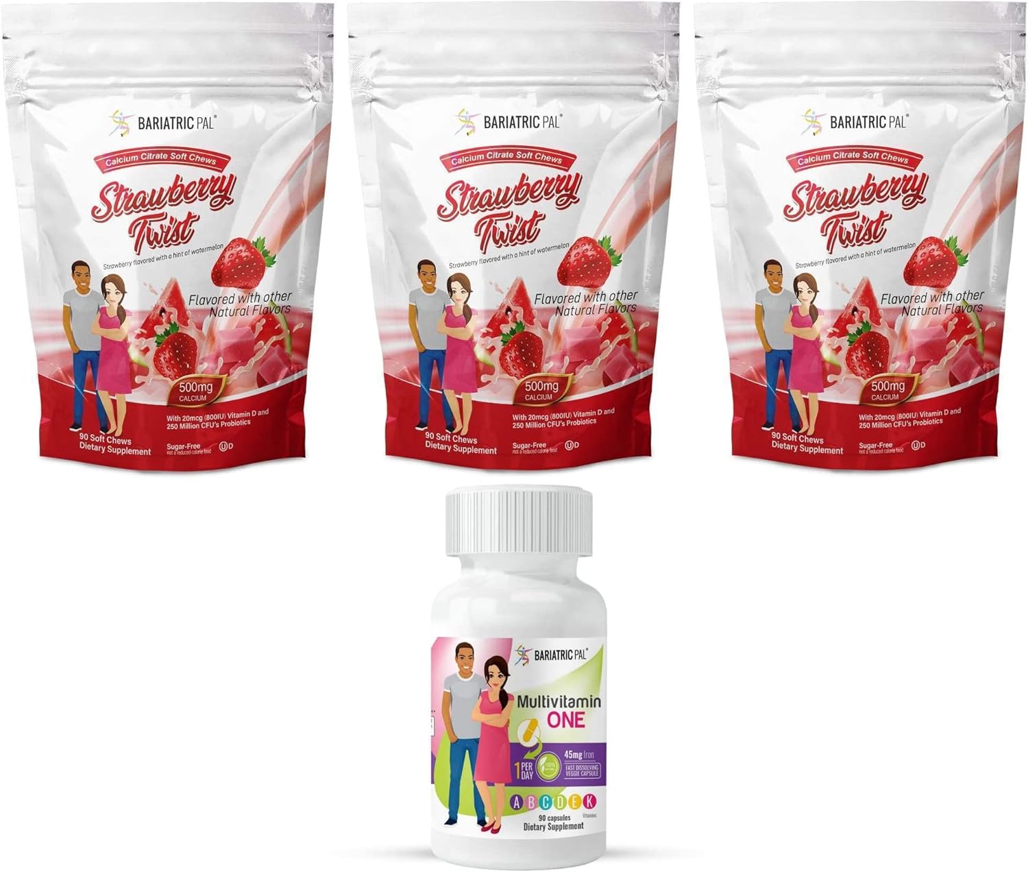 90-Day Bariatric Vitamin Bundle with Multivitamin, Iron, Calcium, and Probiotics - Strawberry Twist