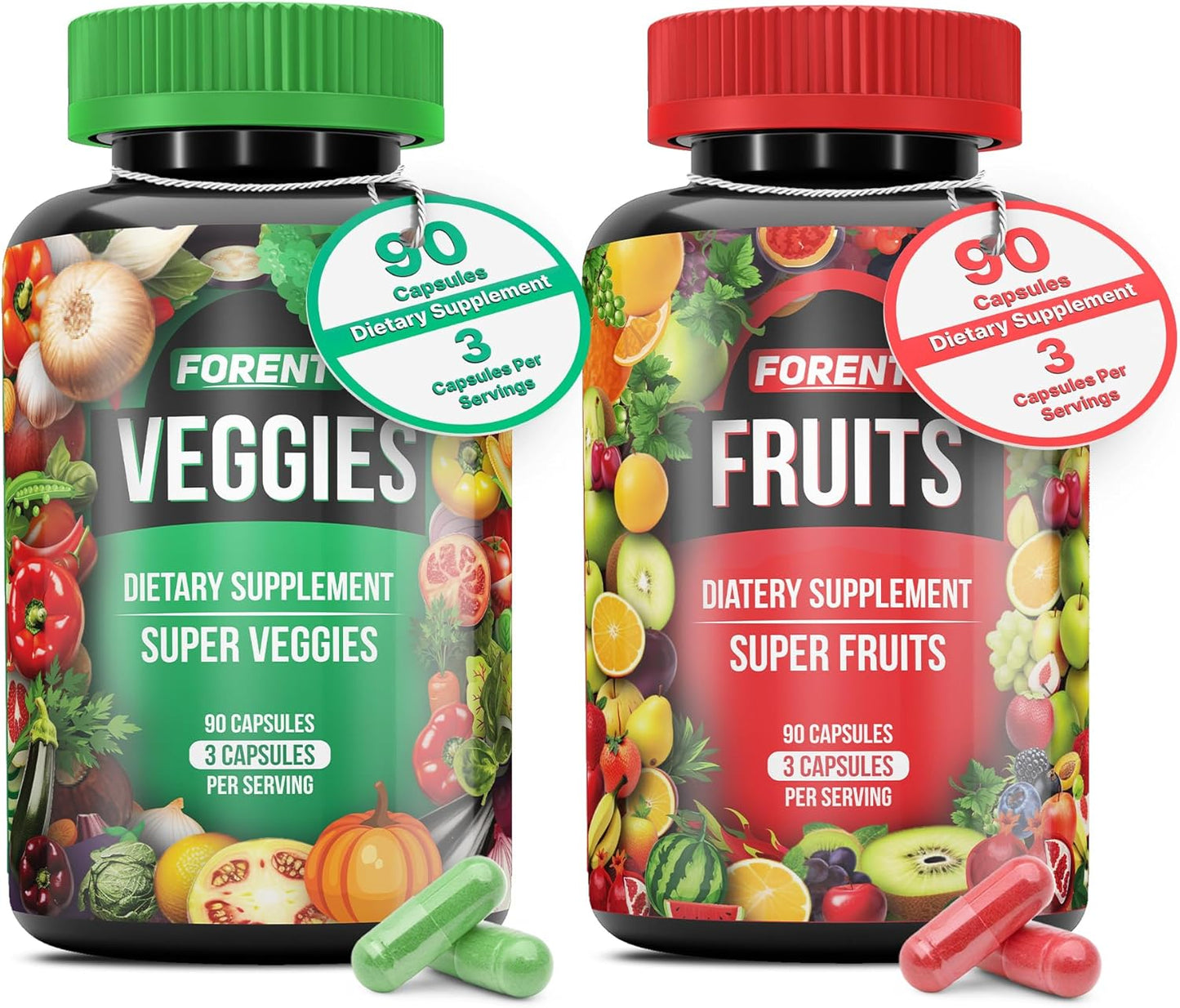 90 Forent Fruits & Veggies Capsules - Superfood Supplement with High Lycopene Vitamins & Minerals for Energy and Immune Support - USA-Made