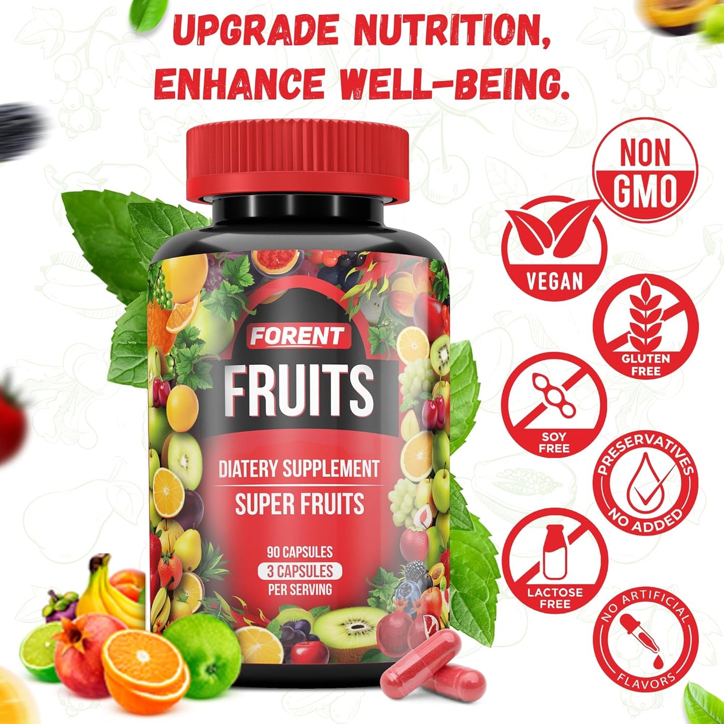 90 Forent Fruits & Veggies Capsules - Superfood Supplement with High Lycopene Vitamins & Minerals for Energy and Immune Support - USA-Made