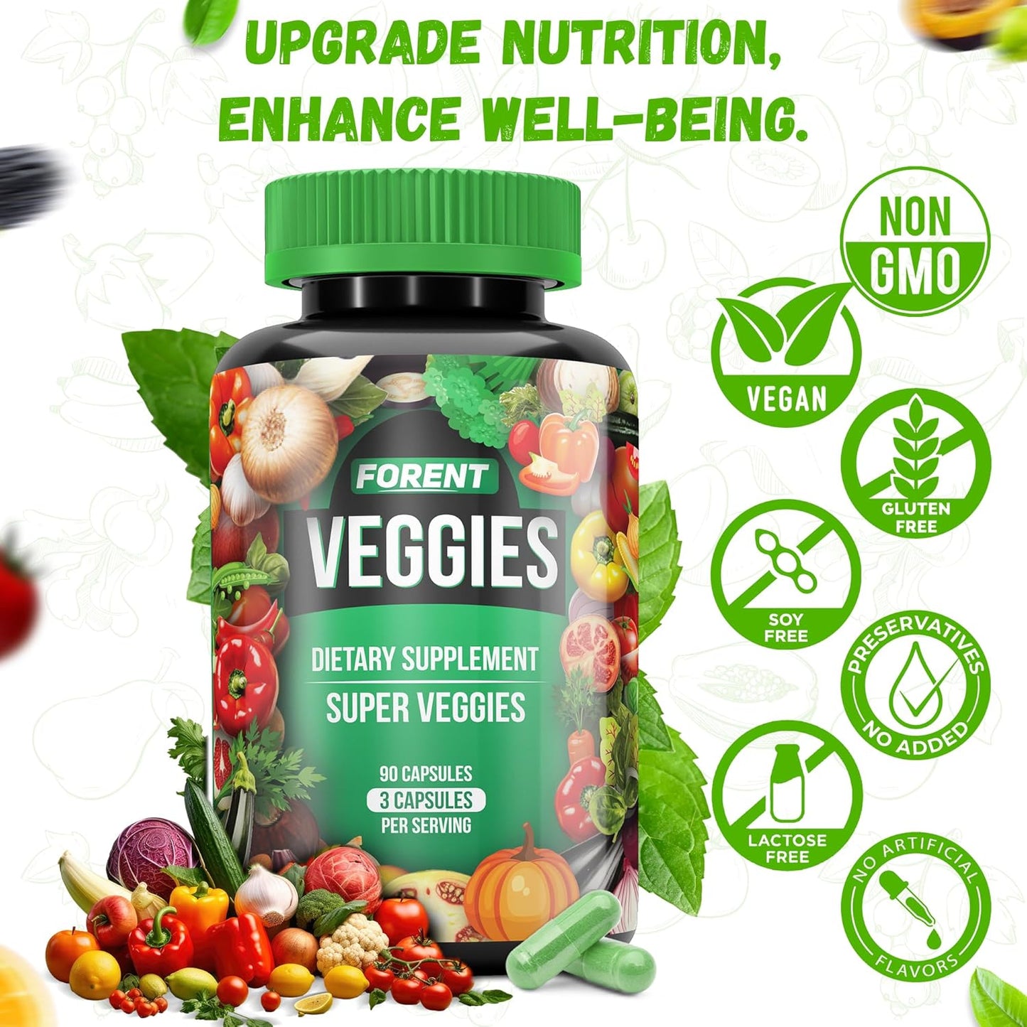 90 Forent Fruits & Veggies Capsules - Superfood Supplement with High Lycopene Vitamins & Minerals for Energy and Immune Support - USA-Made