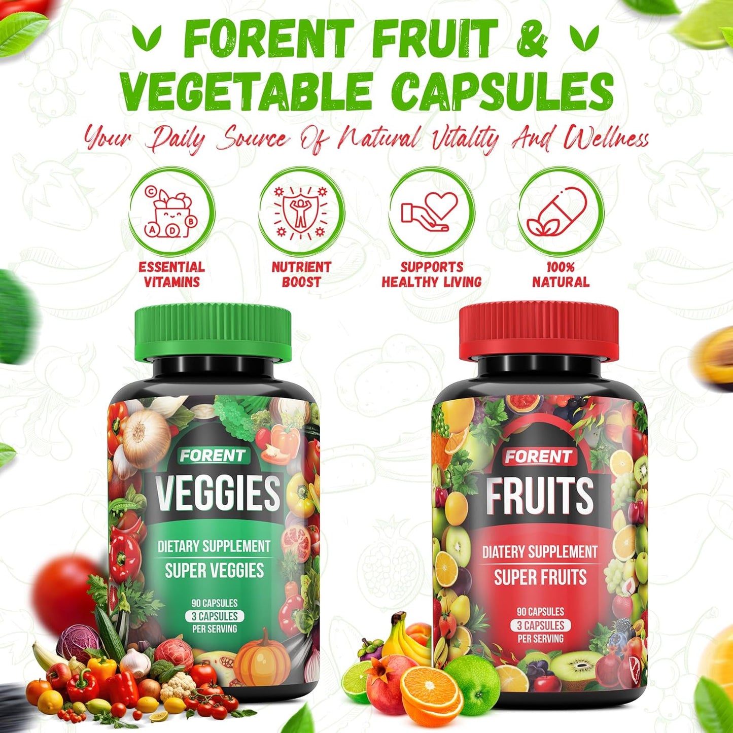 90 Forent Fruits & Veggies Capsules - Superfood Supplement with High Lycopene Vitamins & Minerals for Energy and Immune Support - USA-Made