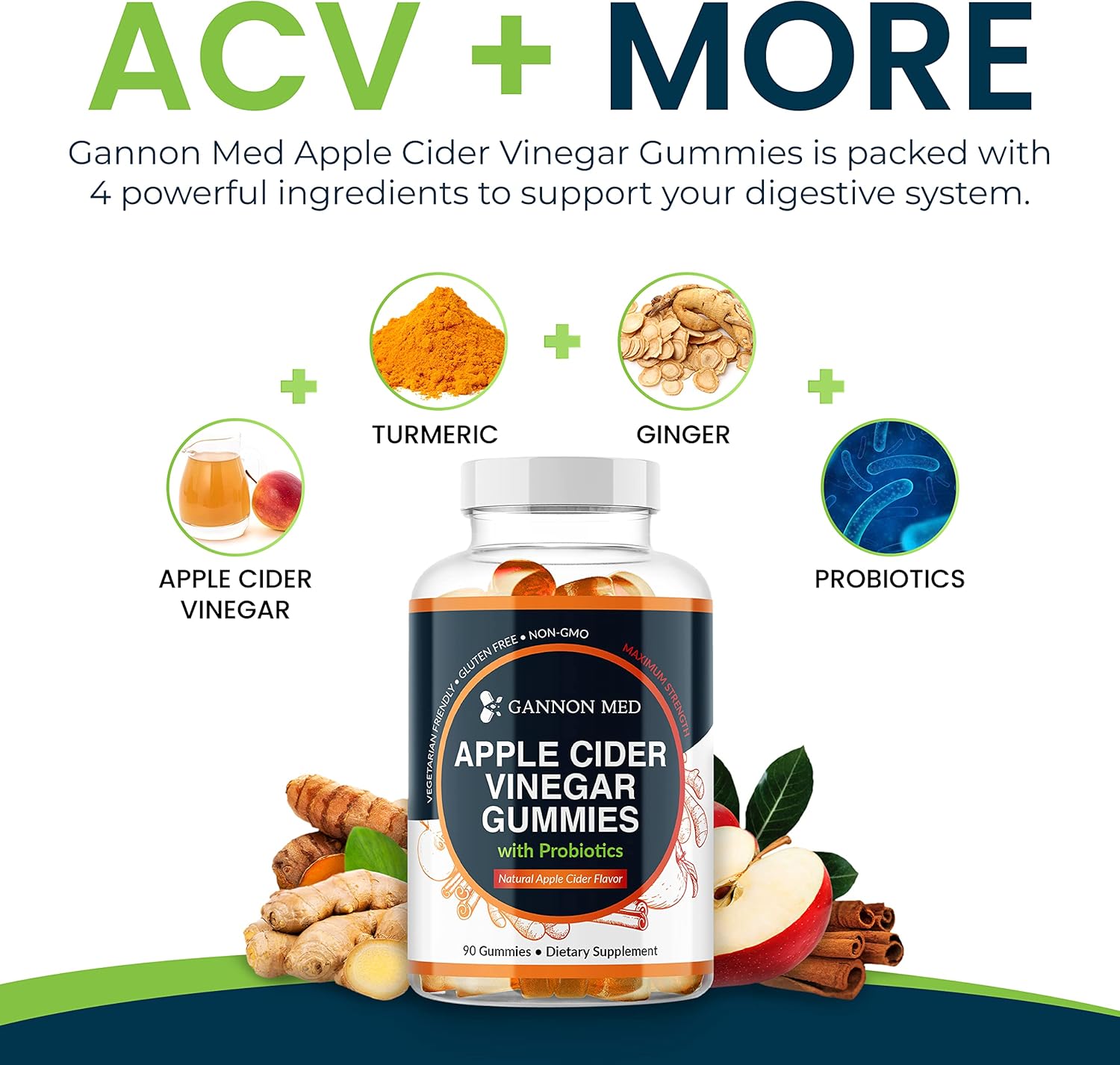 90 GANNON MED Apple Cider Vinegar Gummies with Probiotics, Ginger, and Turmeric - Boost Energy, Metabolism, Digestion, Detox - Natural ACV Supplement