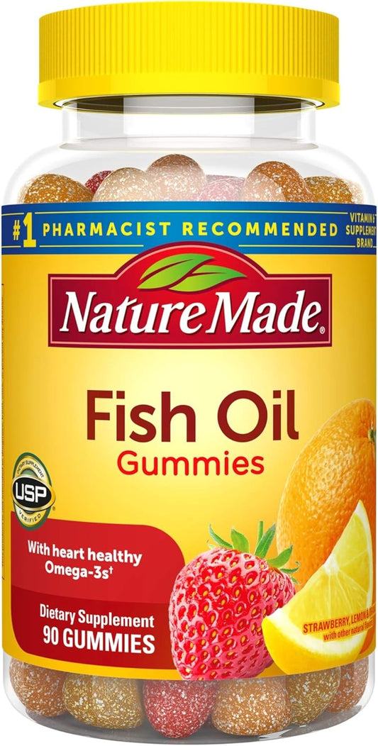 90 Nature Made Fish Oil Gummies with 57mg Omega 3s, Heart-Healthy Softgels in Strawberry, Lemon, & Orange Flavors