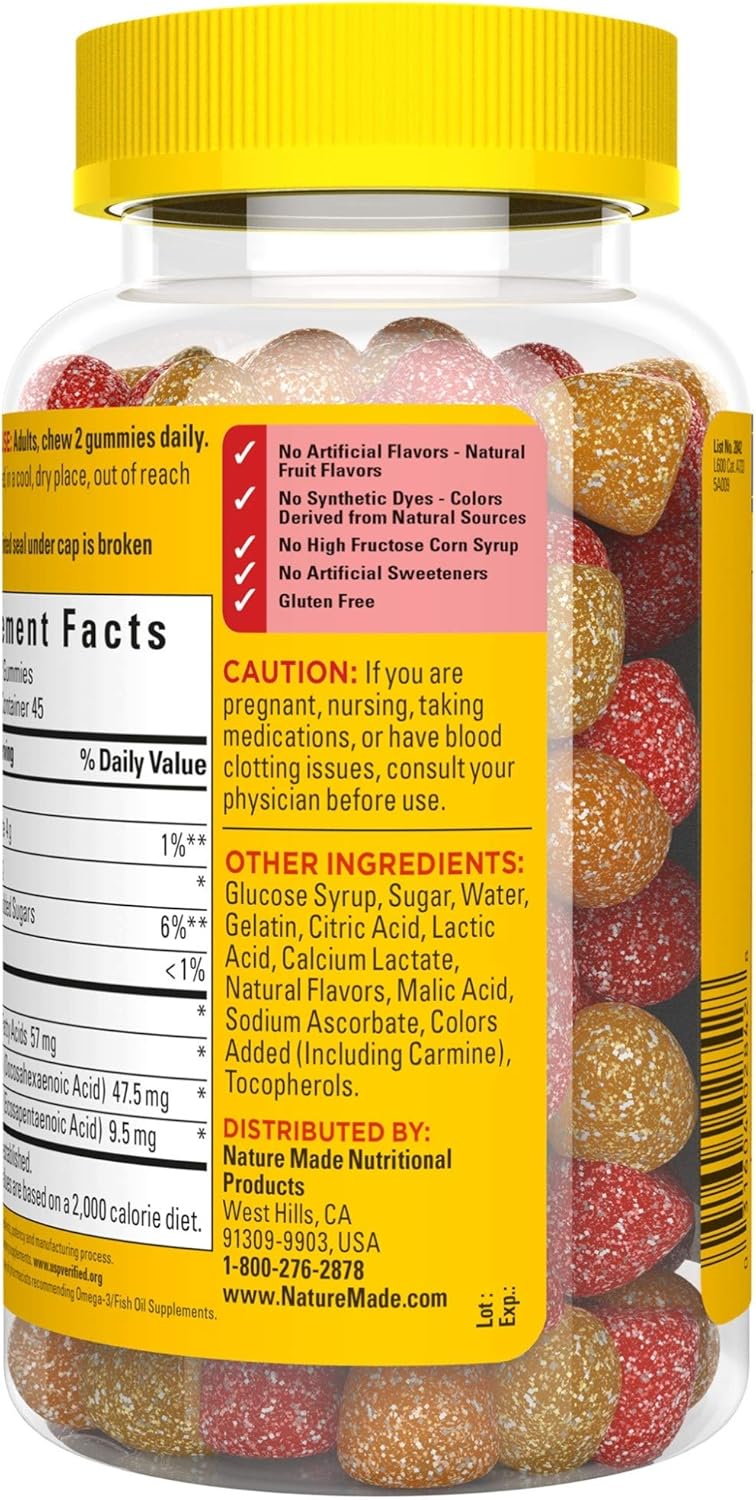 90 Nature Made Fish Oil Gummies with 57mg Omega 3s, Heart-Healthy Softgels in Strawberry, Lemon, & Orange Flavors