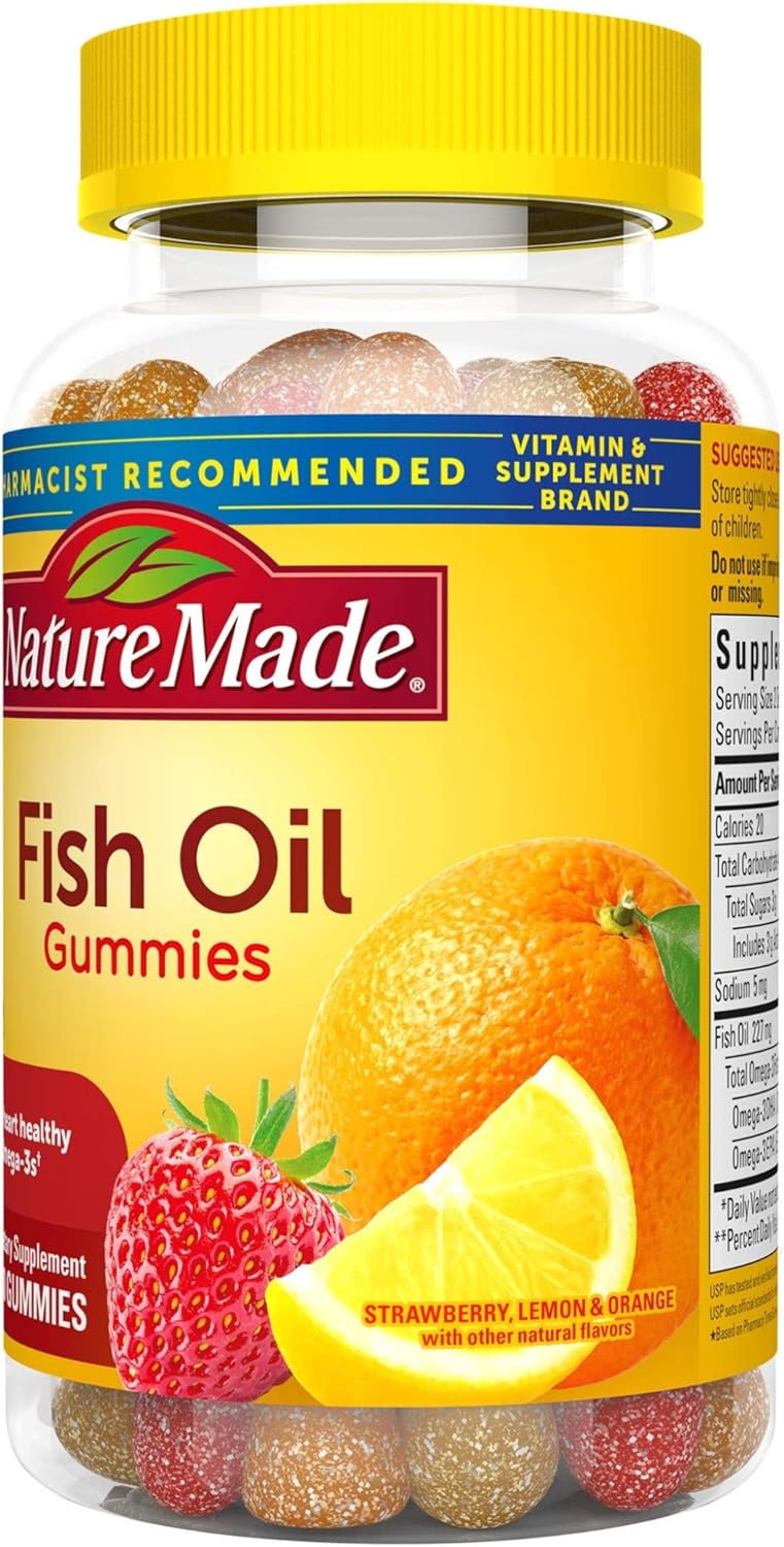 90 Nature Made Fish Oil Gummies with 57mg Omega 3s, Heart-Healthy Softgels in Strawberry, Lemon, & Orange Flavors