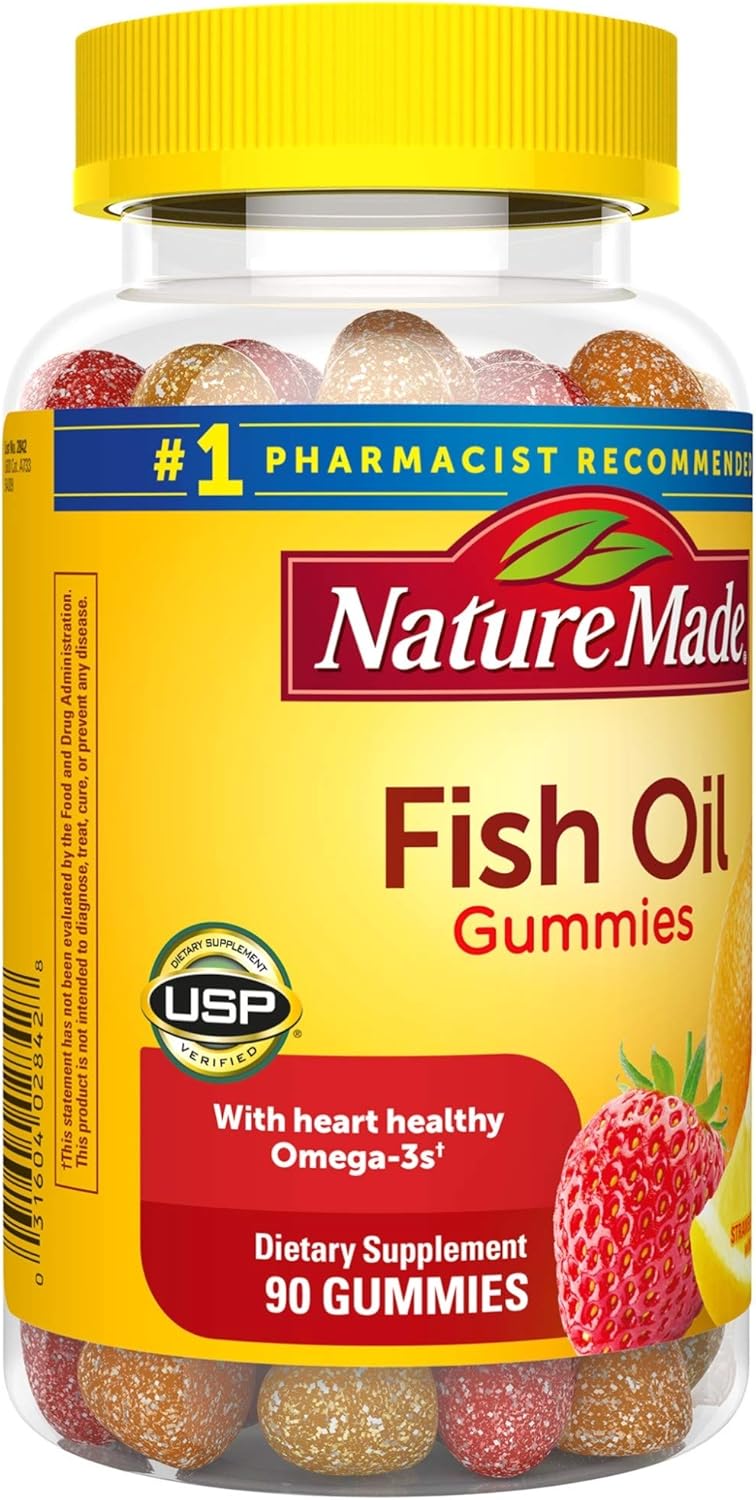 90 Nature Made Fish Oil Gummies with 57mg Omega 3s, Heart-Healthy Softgels in Strawberry, Lemon, & Orange Flavors