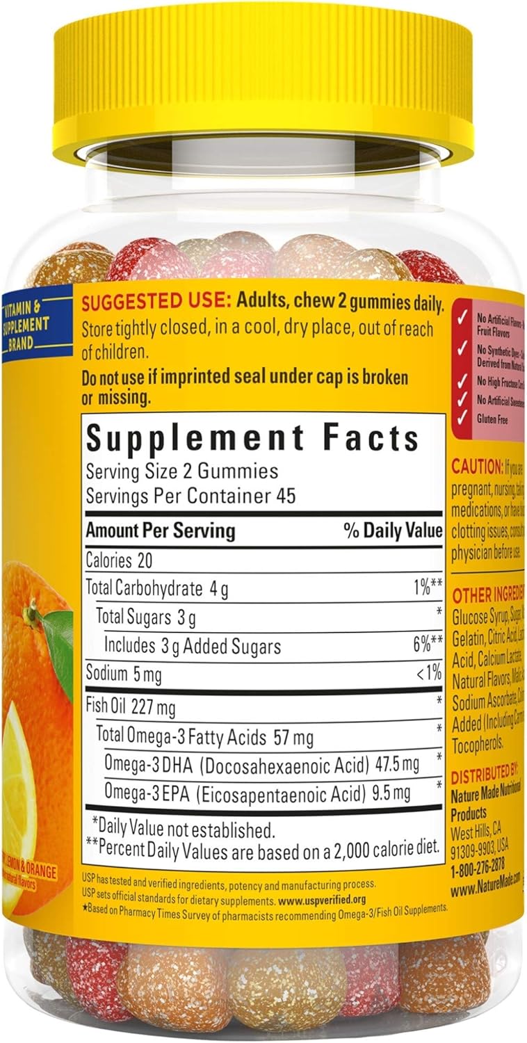 90 Nature Made Fish Oil Gummies with 57mg Omega 3s, Heart-Healthy Softgels in Strawberry, Lemon, & Orange Flavors