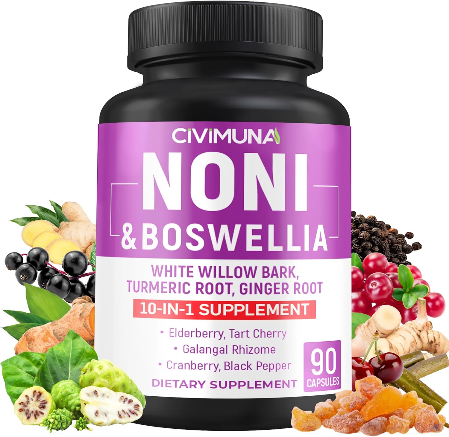 90 Noni Capsules with Boswellia, White Willow Bark, Turmeric, Ginger Root - 3 Month Supply