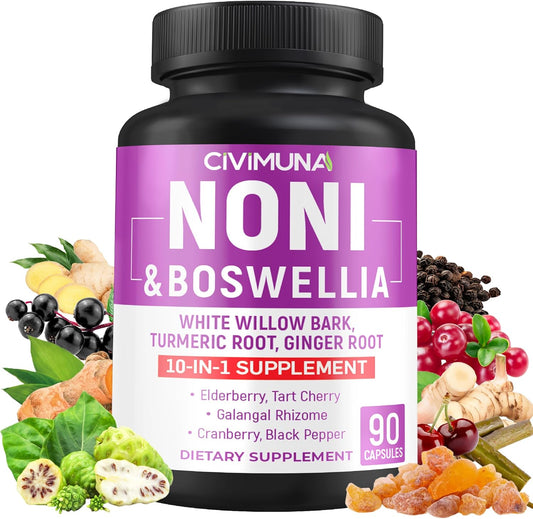90 Noni Capsules with Boswellia, White Willow Bark, Turmeric, Ginger Root - 3 Month Supply