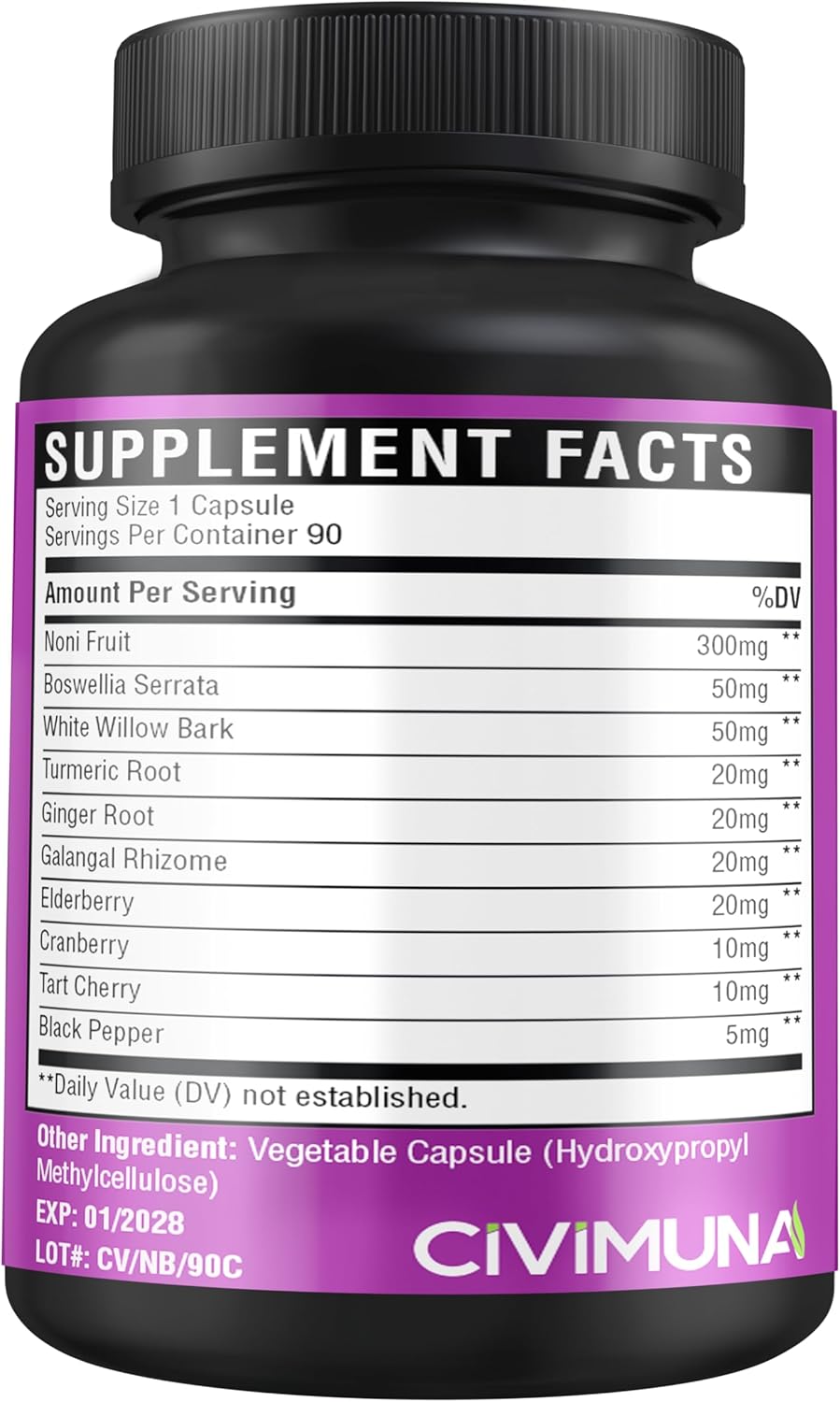 90 Noni Capsules with Boswellia, White Willow Bark, Turmeric, Ginger Root - 3 Month Supply