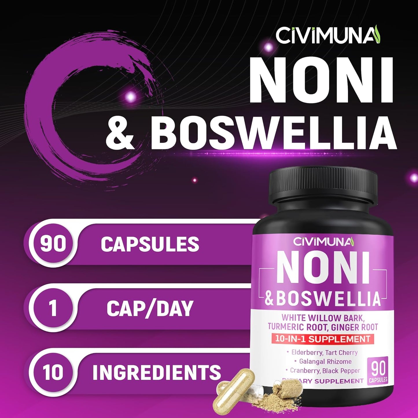 90 Noni Capsules with Boswellia, White Willow Bark, Turmeric, Ginger Root - 3 Month Supply