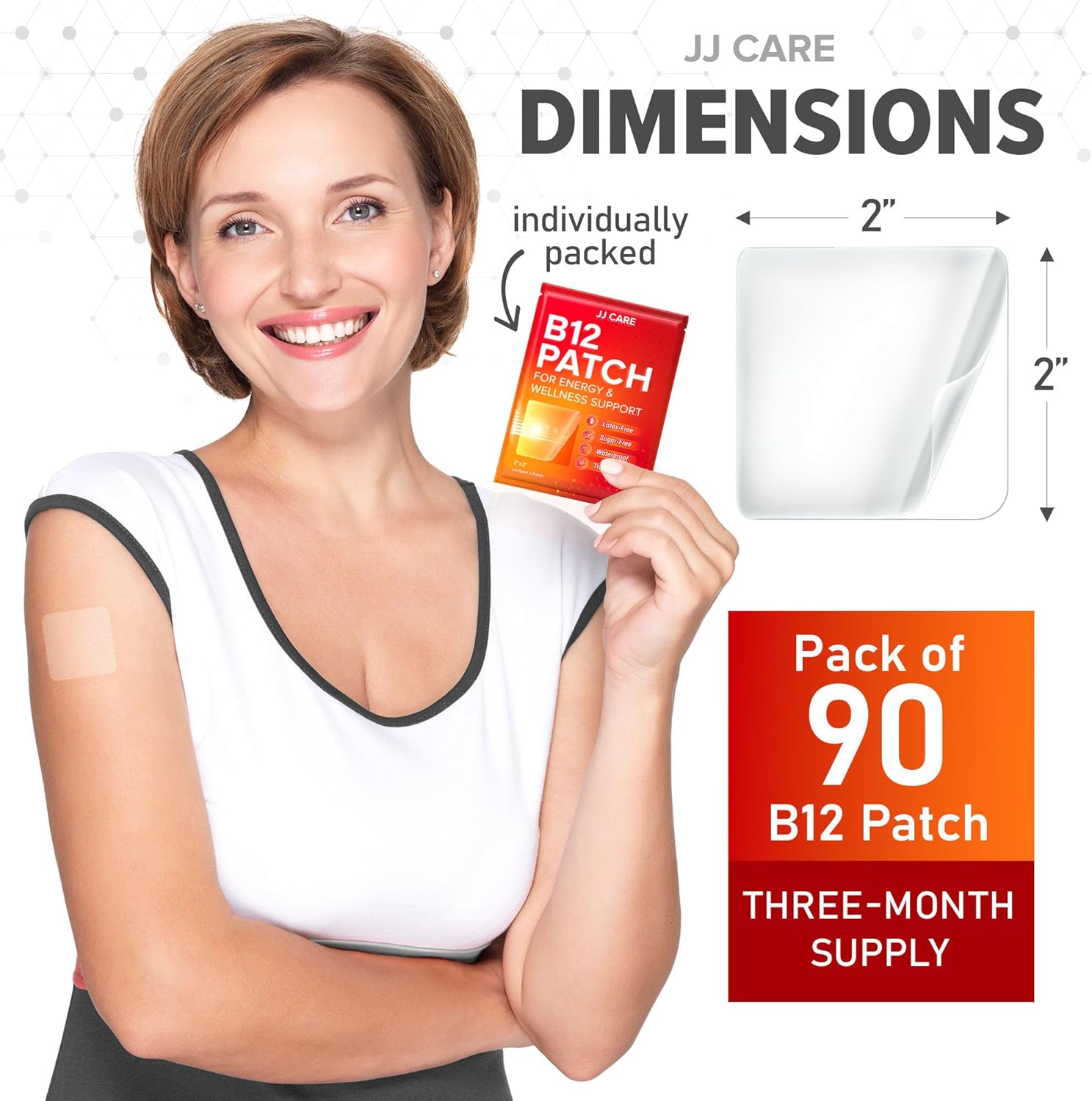 90-Pack JJ CARE B12 Topical Daily Patches - Self-Adhesive Natural Blend, 3 Month Supply