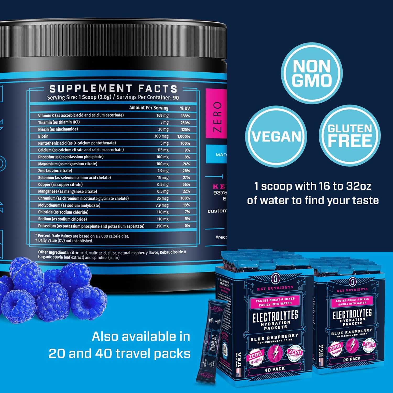 90 Servings Multivitamin Electrolytes Powder Bundle - Tangy Orange & Sweet Blue Raspberry Flavors - Sugar & Calorie Free - Hydration, Endurance, Energy - USA Made