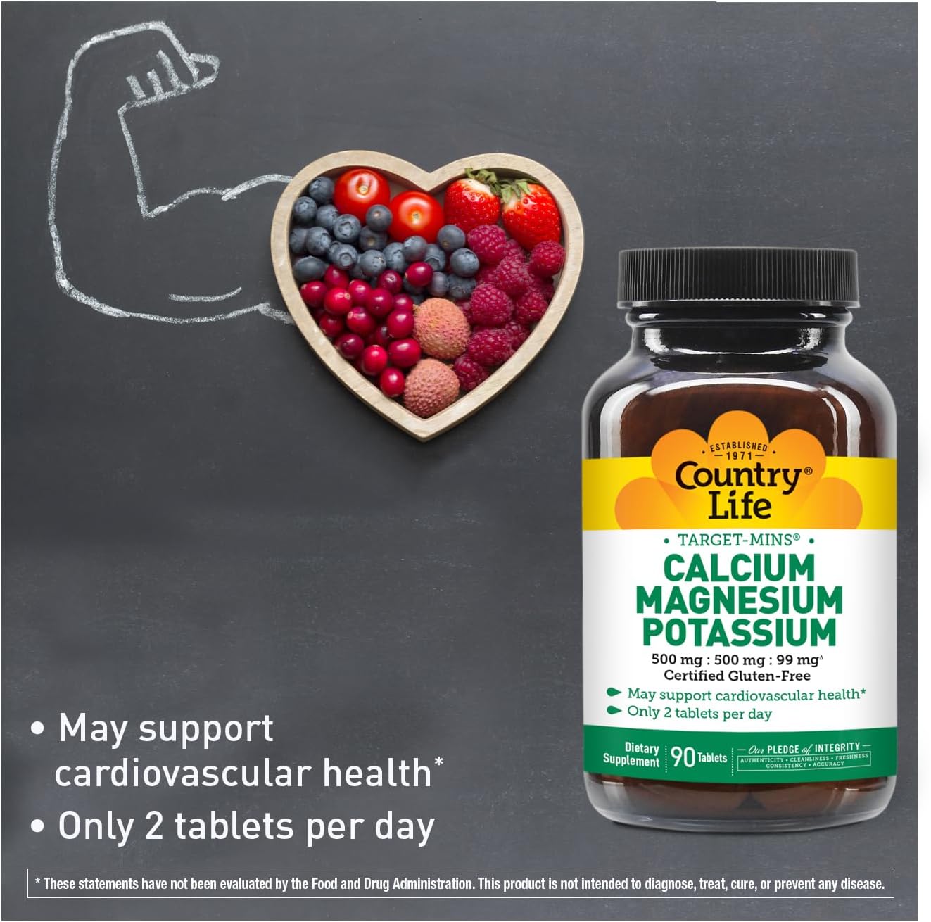 90 Tablets of Country Life Calcium Magnesium Potassium Supplement for Bone and Muscle Health