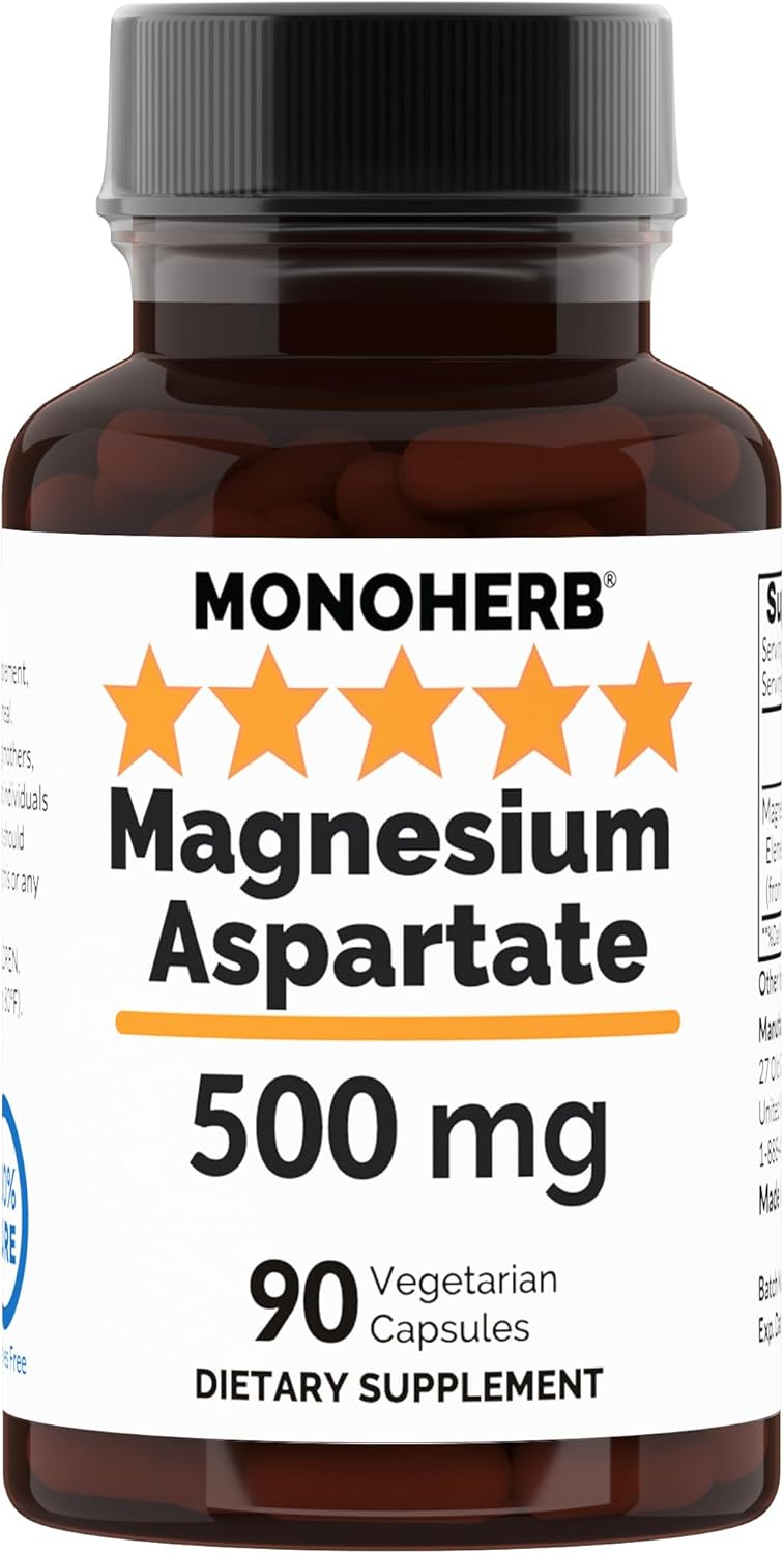 90 Veg Capsules of MONOHERB Magnesium Aspartate 500 mg for Daily Supplement Support