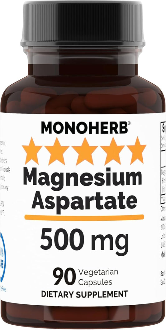 90 Veg Capsules of MONOHERB Magnesium Aspartate 500 mg for Daily Supplement Support