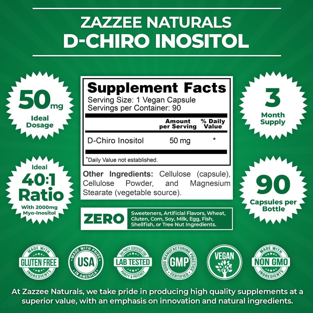 90 Vegan Capsules of D-Chiro-Inositol, 50mg per Capsule, 3 Month Supply, Non-GMO, Vegetarian Formula with Myo-Inositol for 40:1 Ratio - BoostGo Australia