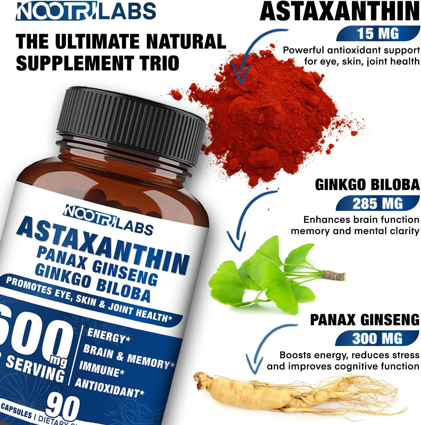 90 Vegan Capsules of Nootrilabs Naturals Astaxanthin 15mg with Panax Ginseng and Ginkgo Biloba for Eye, Skin, Energy, Cardio, Immune, and Focus