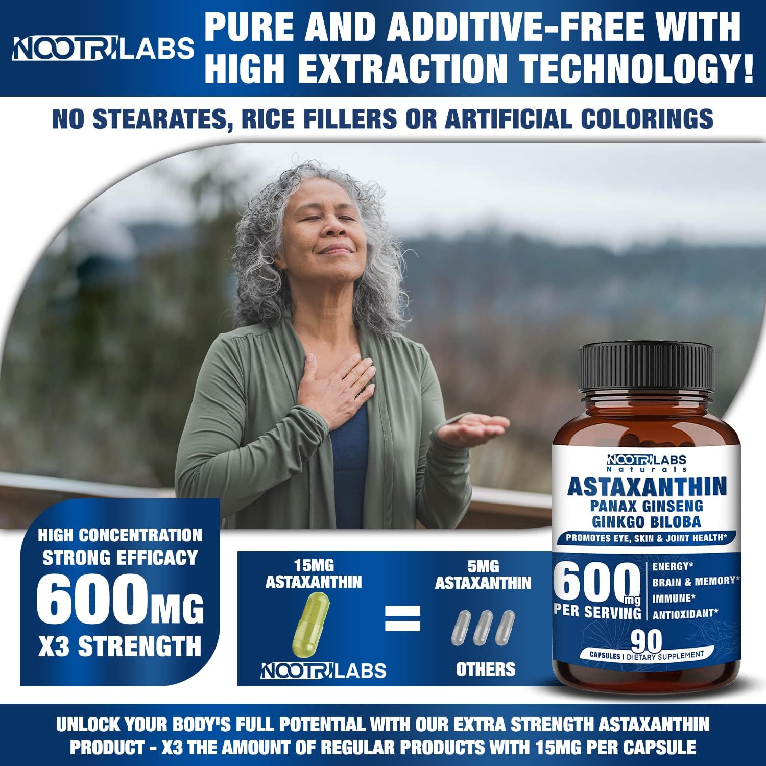 90 Vegan Capsules of Nootrilabs Naturals Astaxanthin 15mg with Panax Ginseng and Ginkgo Biloba for Eye, Skin, Energy, Cardio, Immune, and Focus