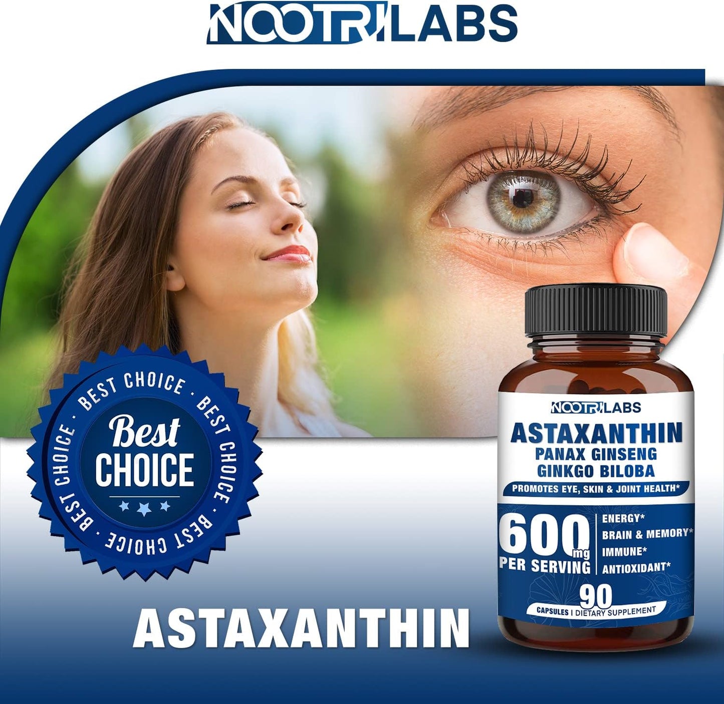 90 Vegan Capsules of Nootrilabs Naturals Astaxanthin 15mg with Panax Ginseng and Ginkgo Biloba for Eye, Skin, Energy, Cardio, Immune, and Focus