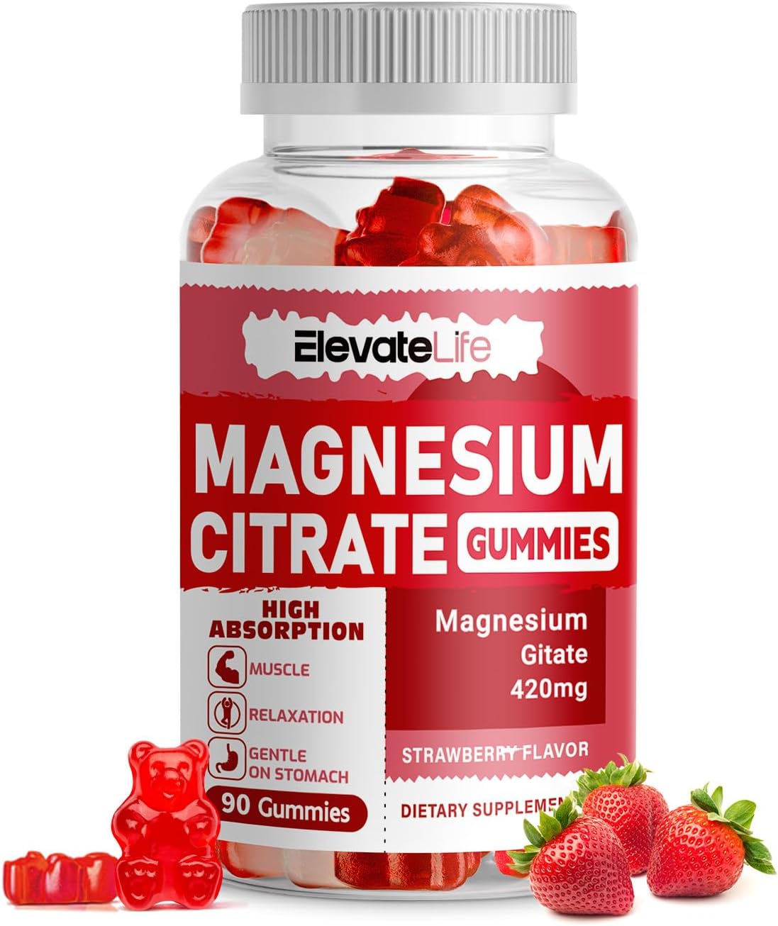 90 Vegan Strawberry Magnesium Citrate Gummies - 420mg per Serving for Healthy Relaxation, Muscle, Bone, & Energy Support by ElevateLife