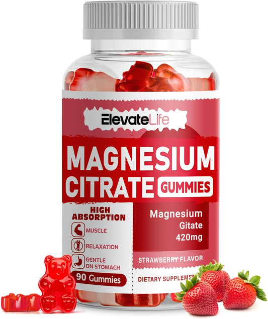 90 Vegan Strawberry Magnesium Citrate Gummies - 420mg per Serving for Healthy Relaxation, Muscle, Bone, & Energy Support by ElevateLife