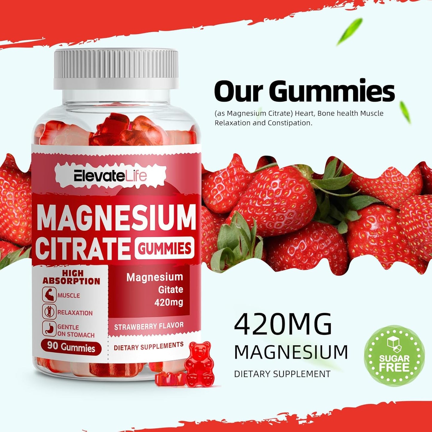 90 Vegan Strawberry Magnesium Citrate Gummies - 420mg per Serving for Healthy Relaxation, Muscle, Bone, & Energy Support by ElevateLife
